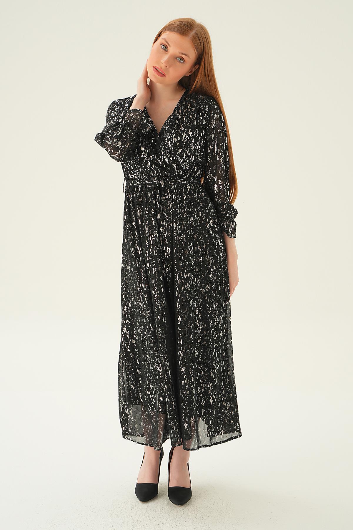 Siyah Kruvaze Yaka Elbise 4083 - 1