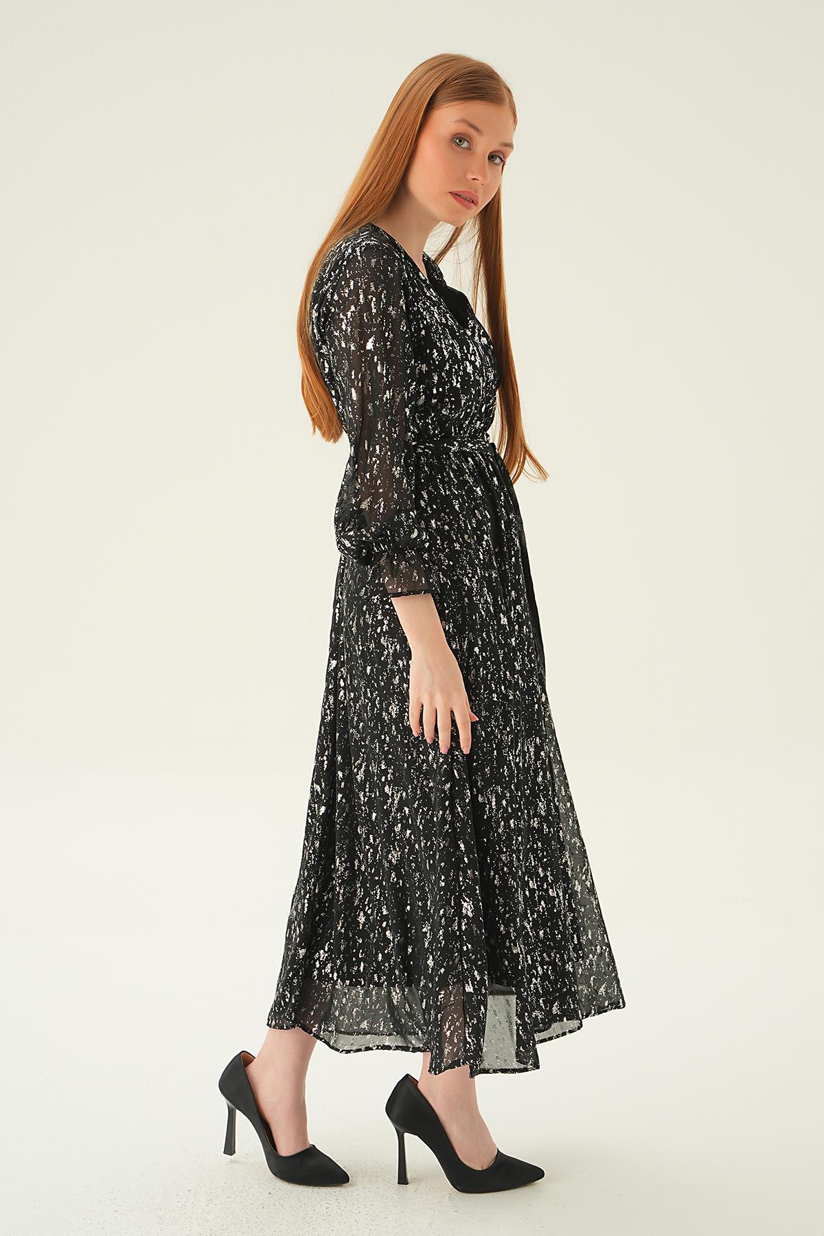 Siyah Kruvaze Yaka Elbise 4083 - 3