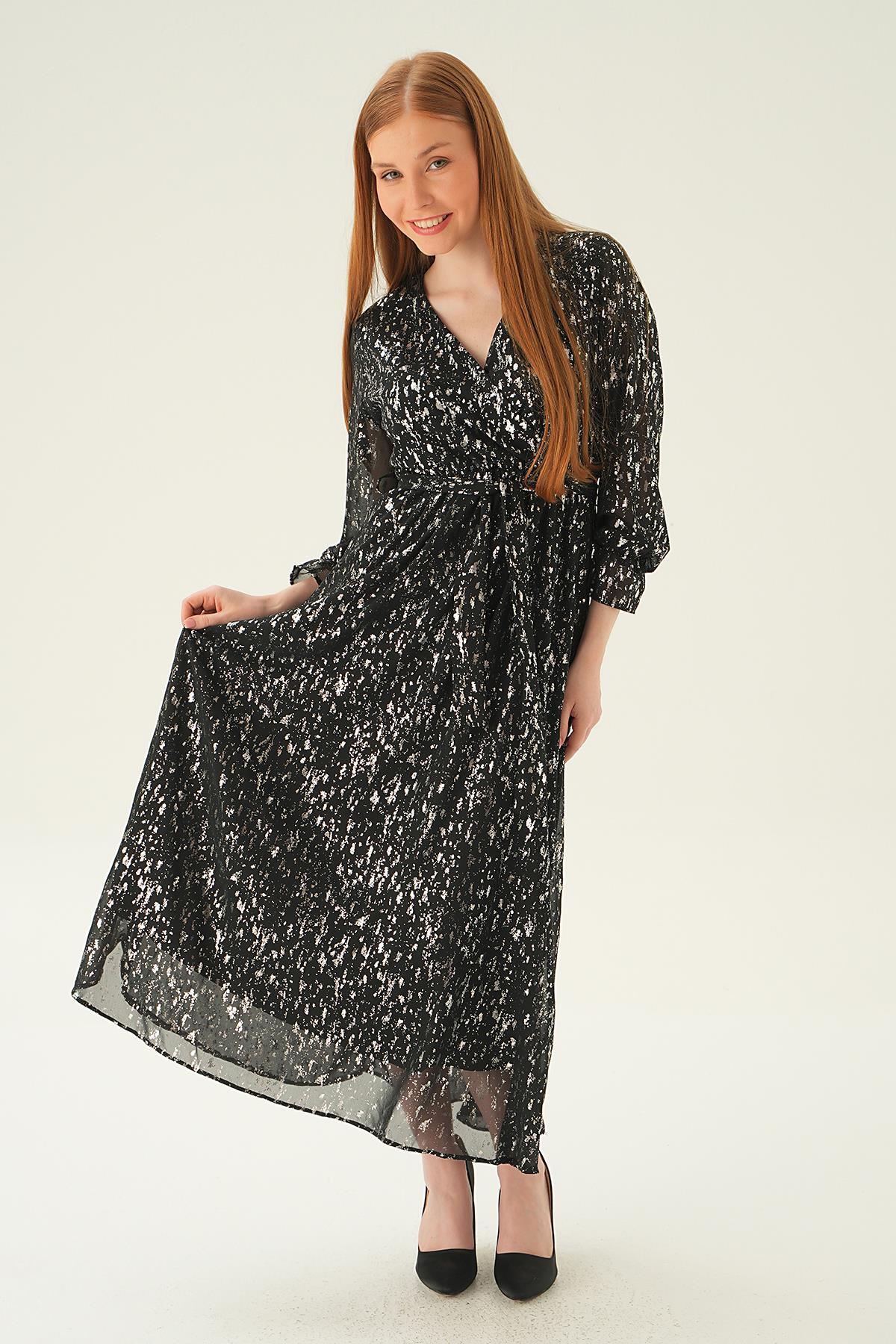 Siyah Kruvaze Yaka Elbise 4083 - 4