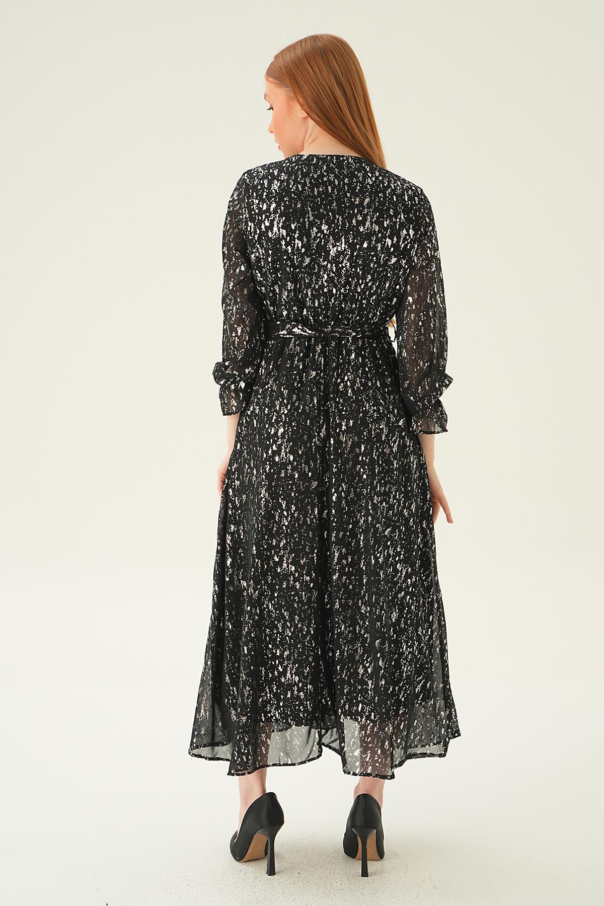 Siyah Kruvaze Yaka Elbise 4083 - 5