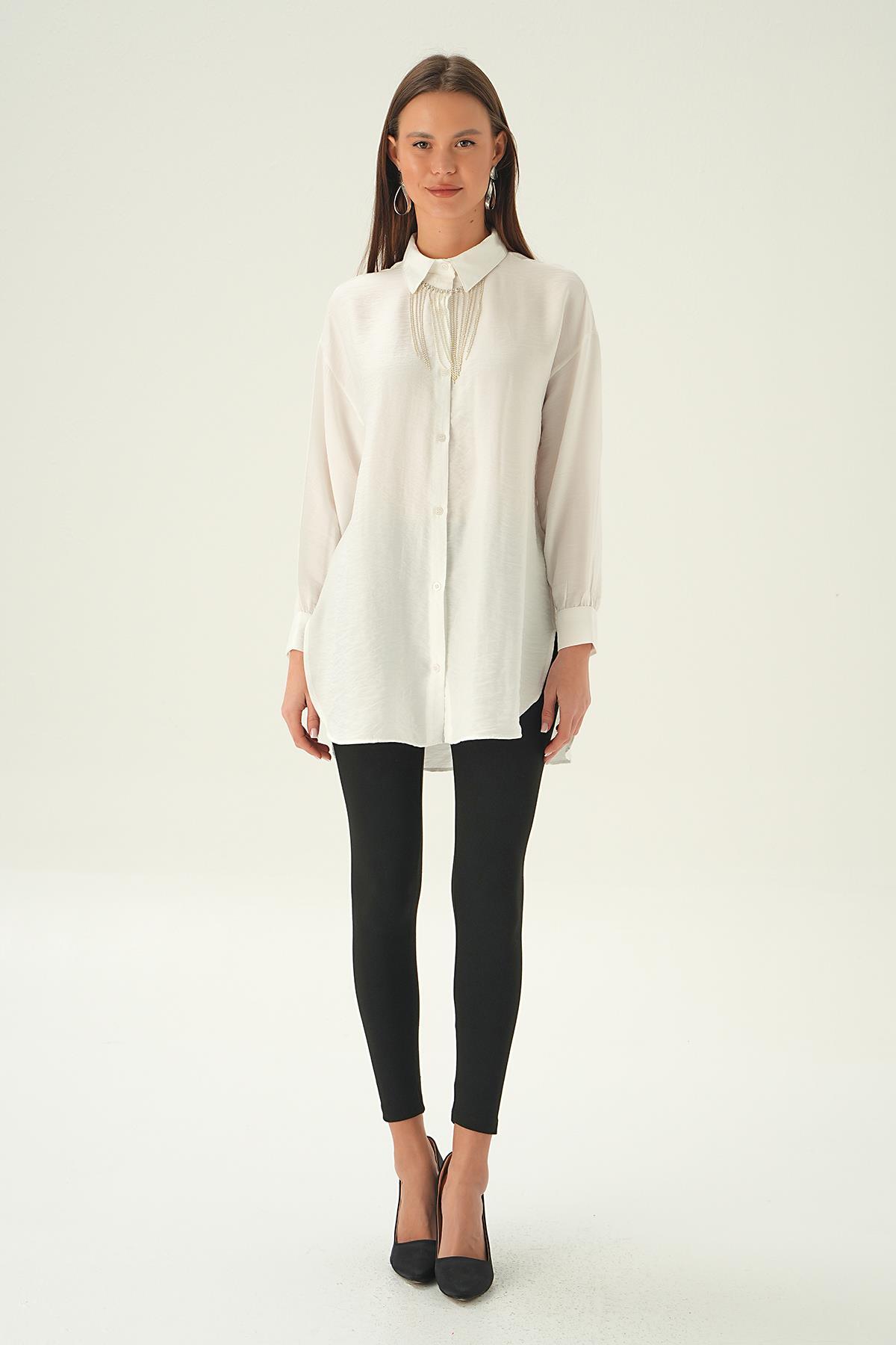 4084 Yaka Zincir Detay Gömlek Beyaz - 6