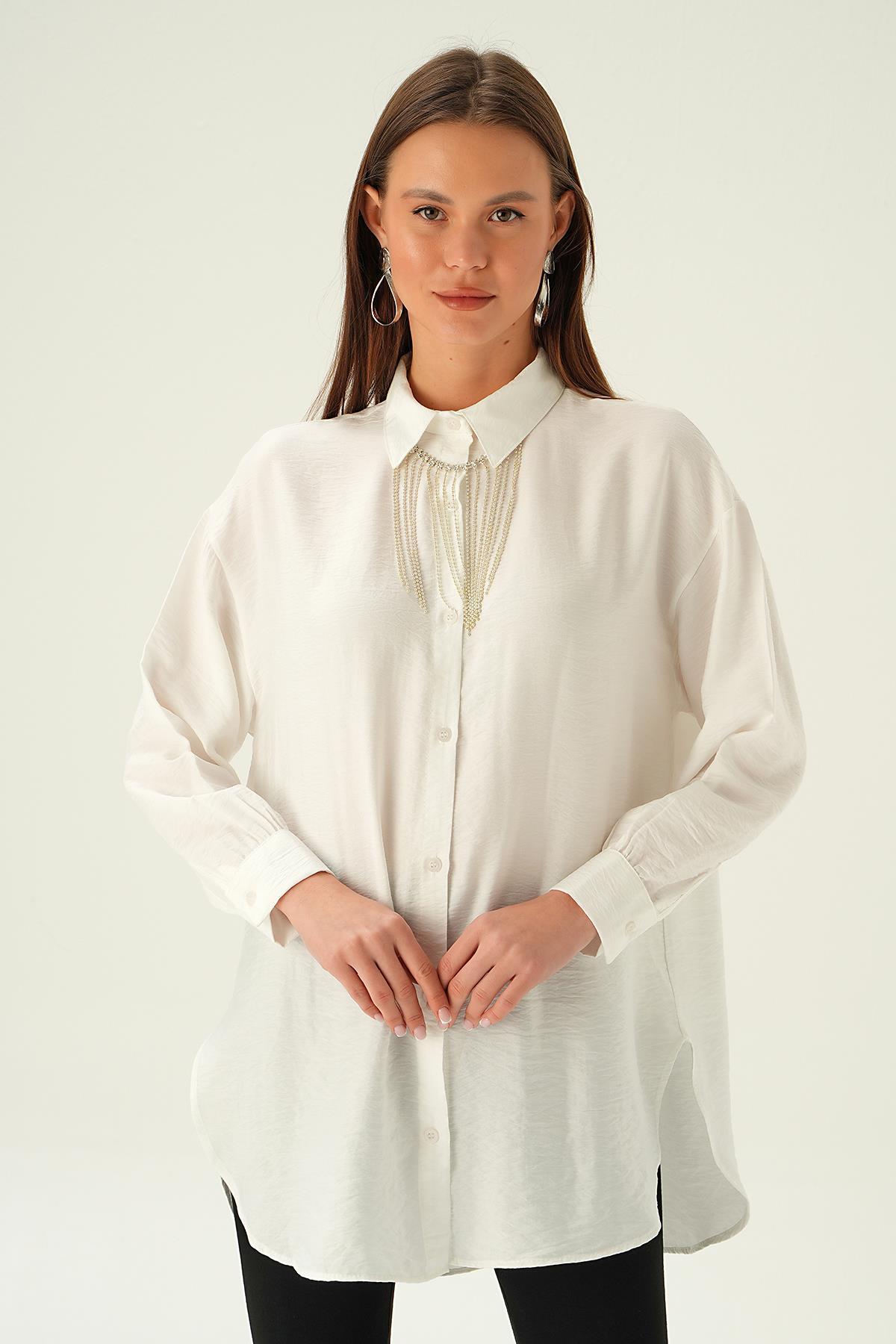 4084 Yaka Zincir Detay Gömlek Beyaz - 1
