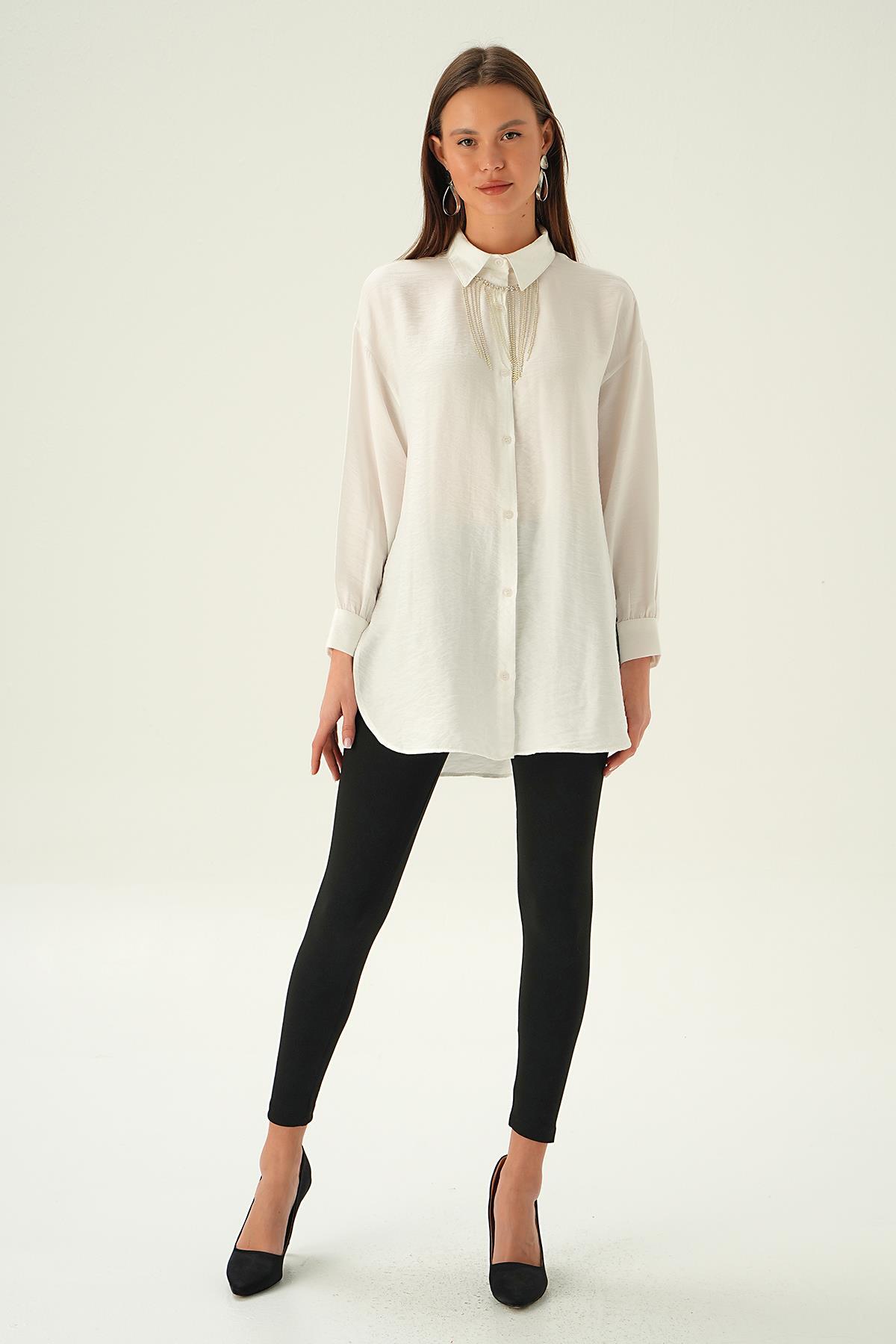 Beyaz Yaka Zincir Detay Gömlek 4084 - 2