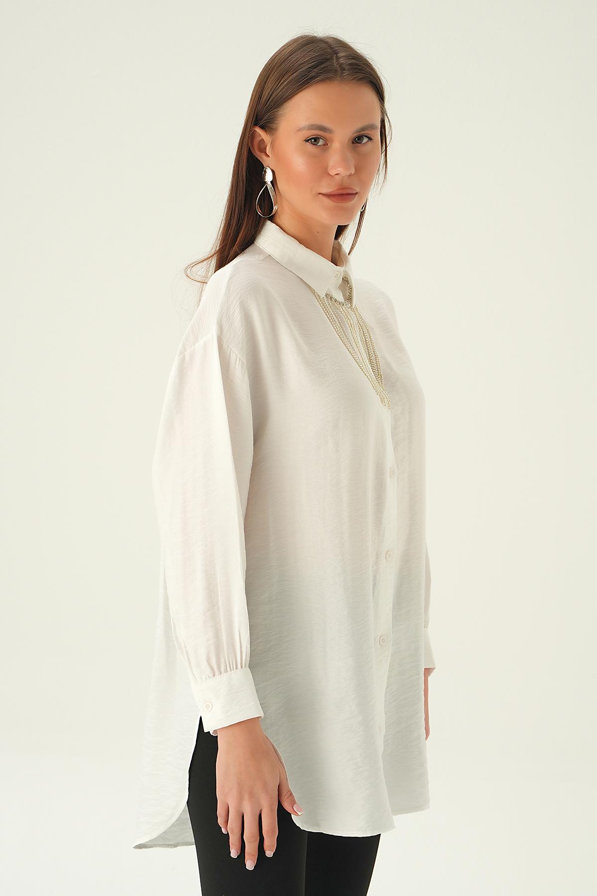 Beyaz Yaka Zincir Detay Gömlek 4084 - 3