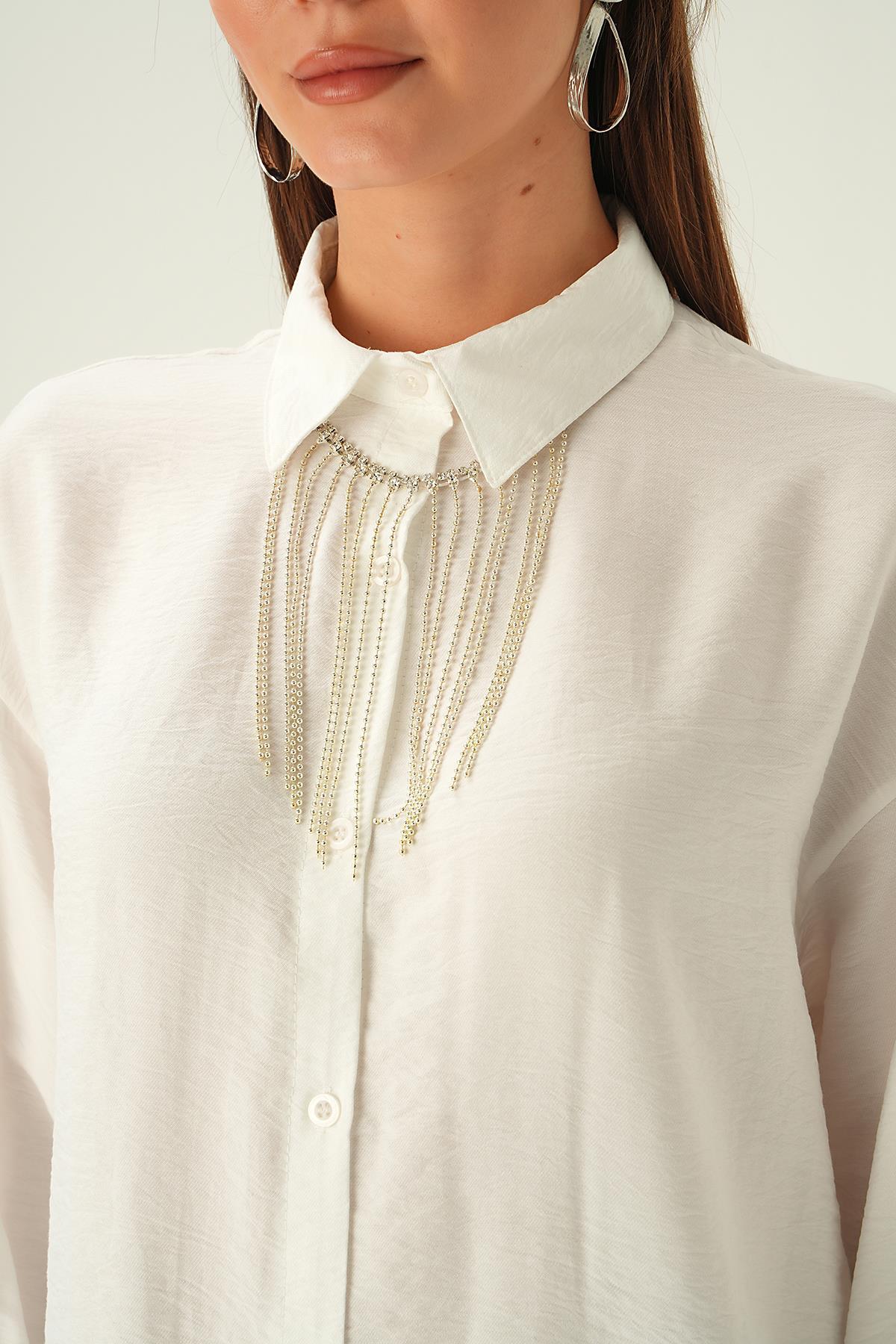 Beyaz Yaka Zincir Detay Gömlek 4084 - 5