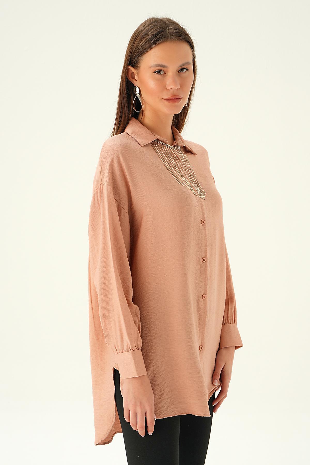 4084 Yaka Zincir Detay Gömlek Bisküvi - 3