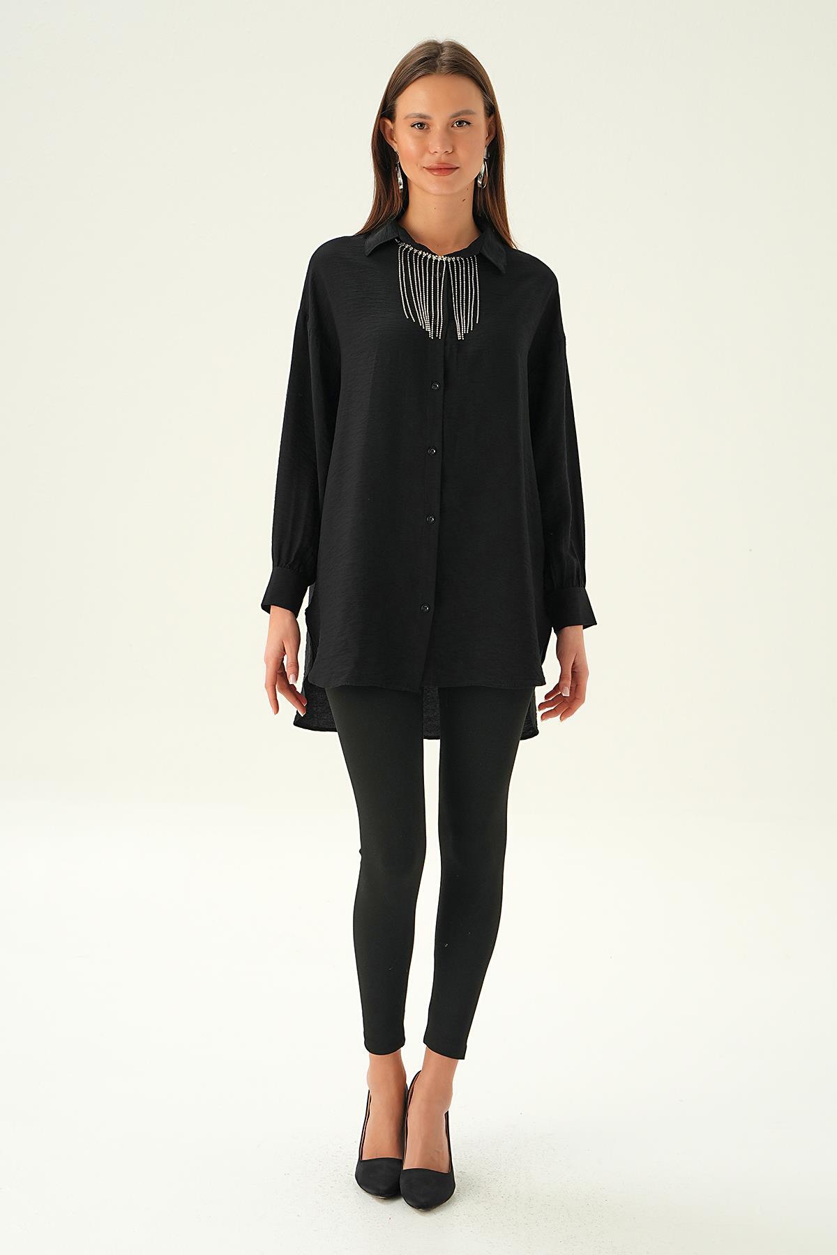 4084 Yaka Zincir Detay Gömlek Siyah - 1