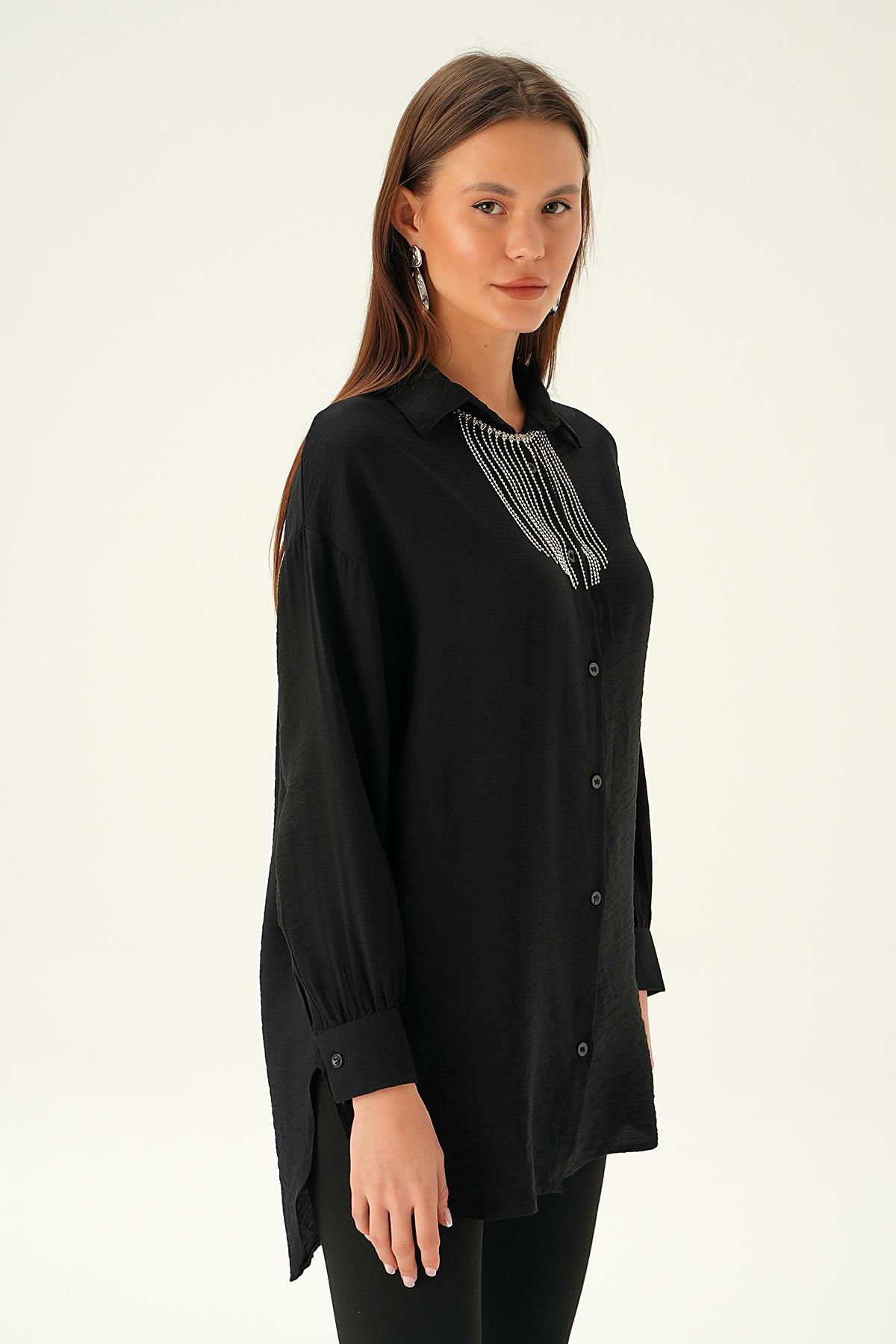 4084 Yaka Zincir Detay Gömlek Siyah - 3
