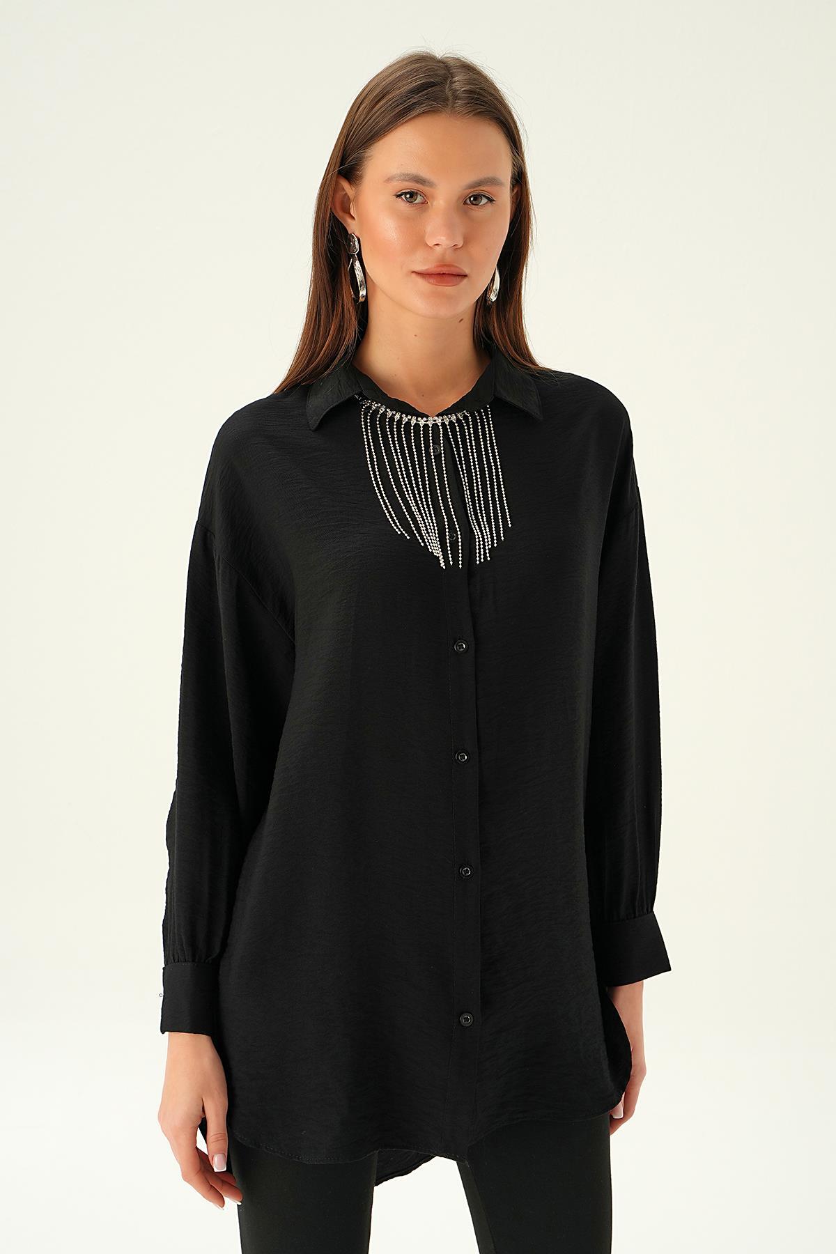 4084 Yaka Zincir Detay Gömlek Siyah - 2