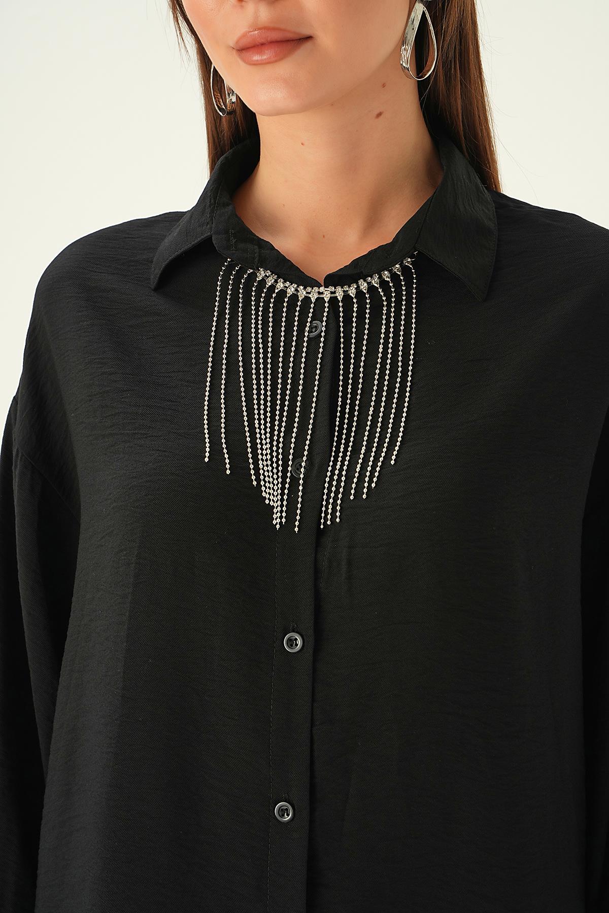 Siyah Yaka Zincir Detay Gömlek 4084 - 5