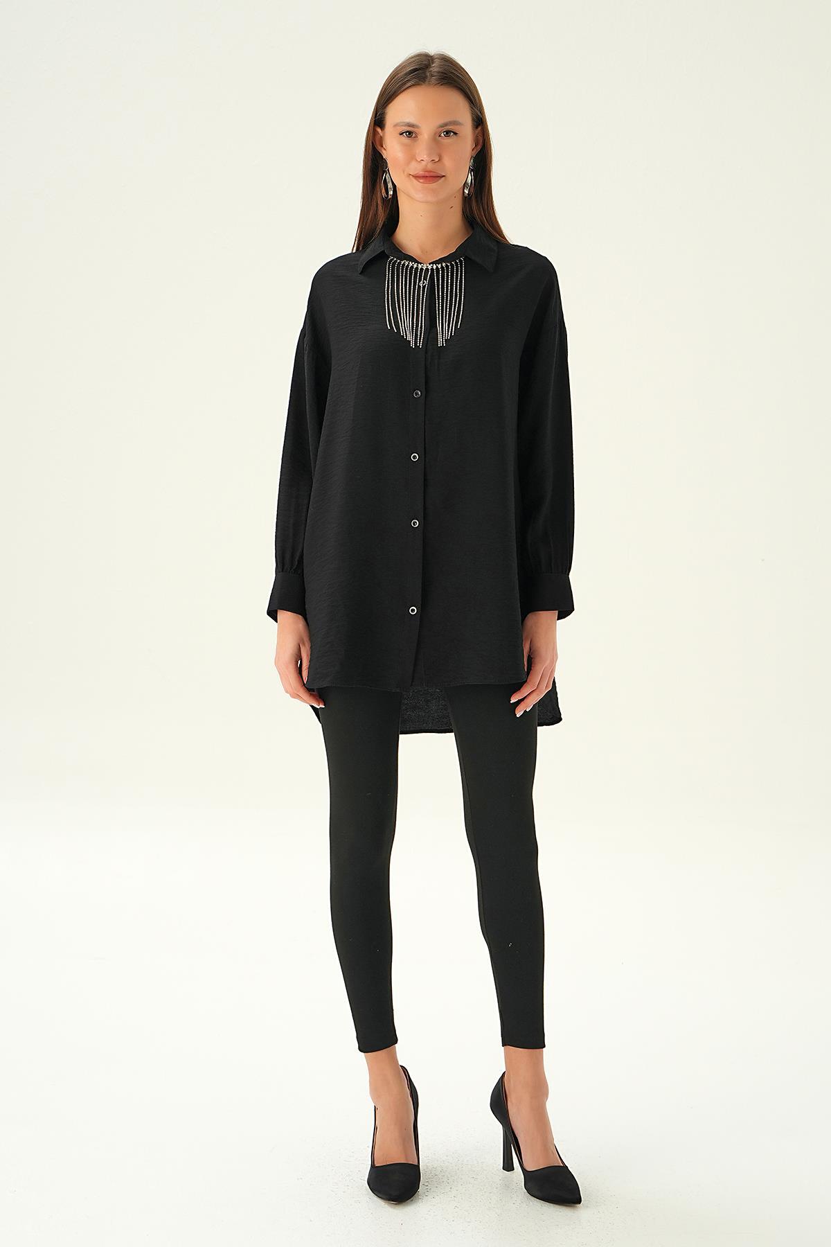 Siyah Yaka Zincir Detay Gömlek 4084 - 6