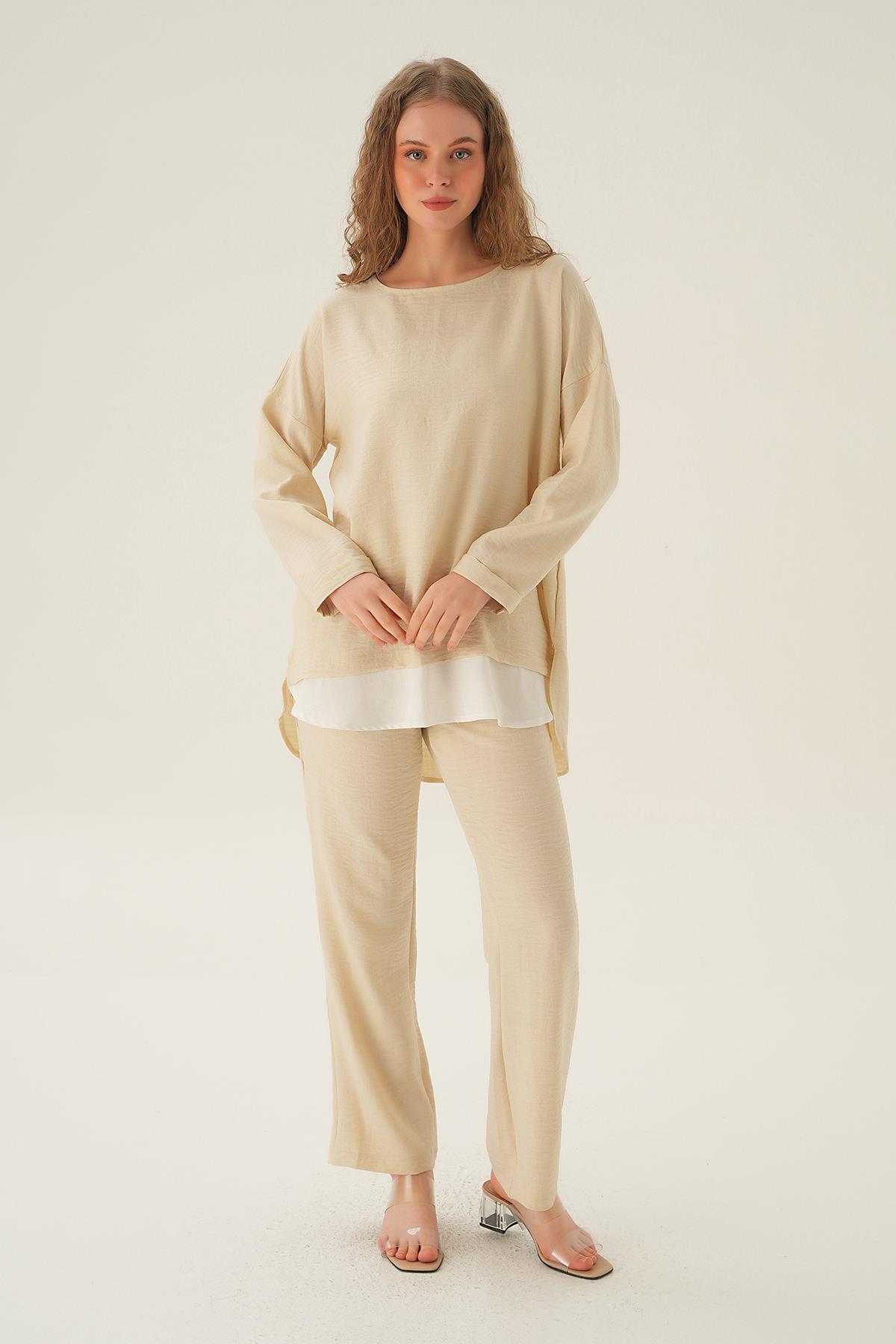 4090A Parçalı Tunik Pantolon Takım Bej - 3