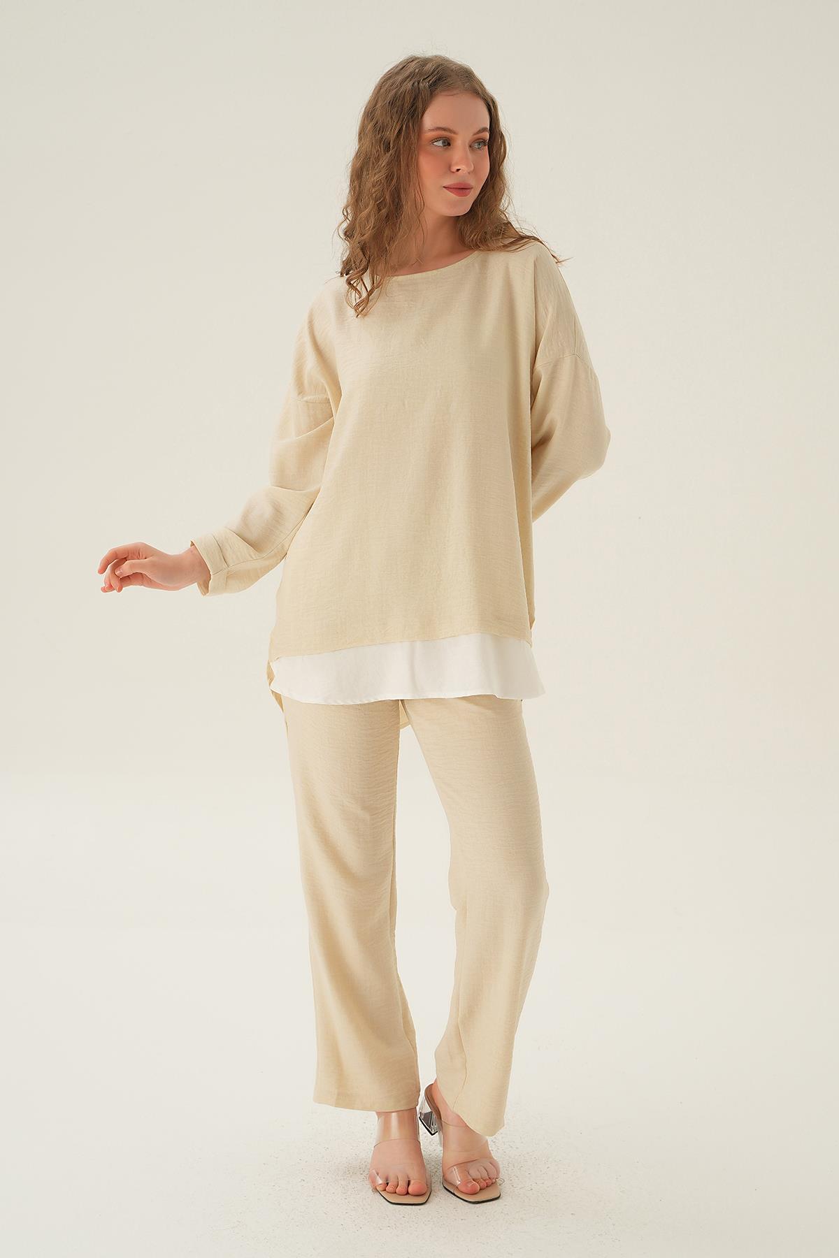 4090A Parçalı Tunik Pantolon Takım Bej - 4