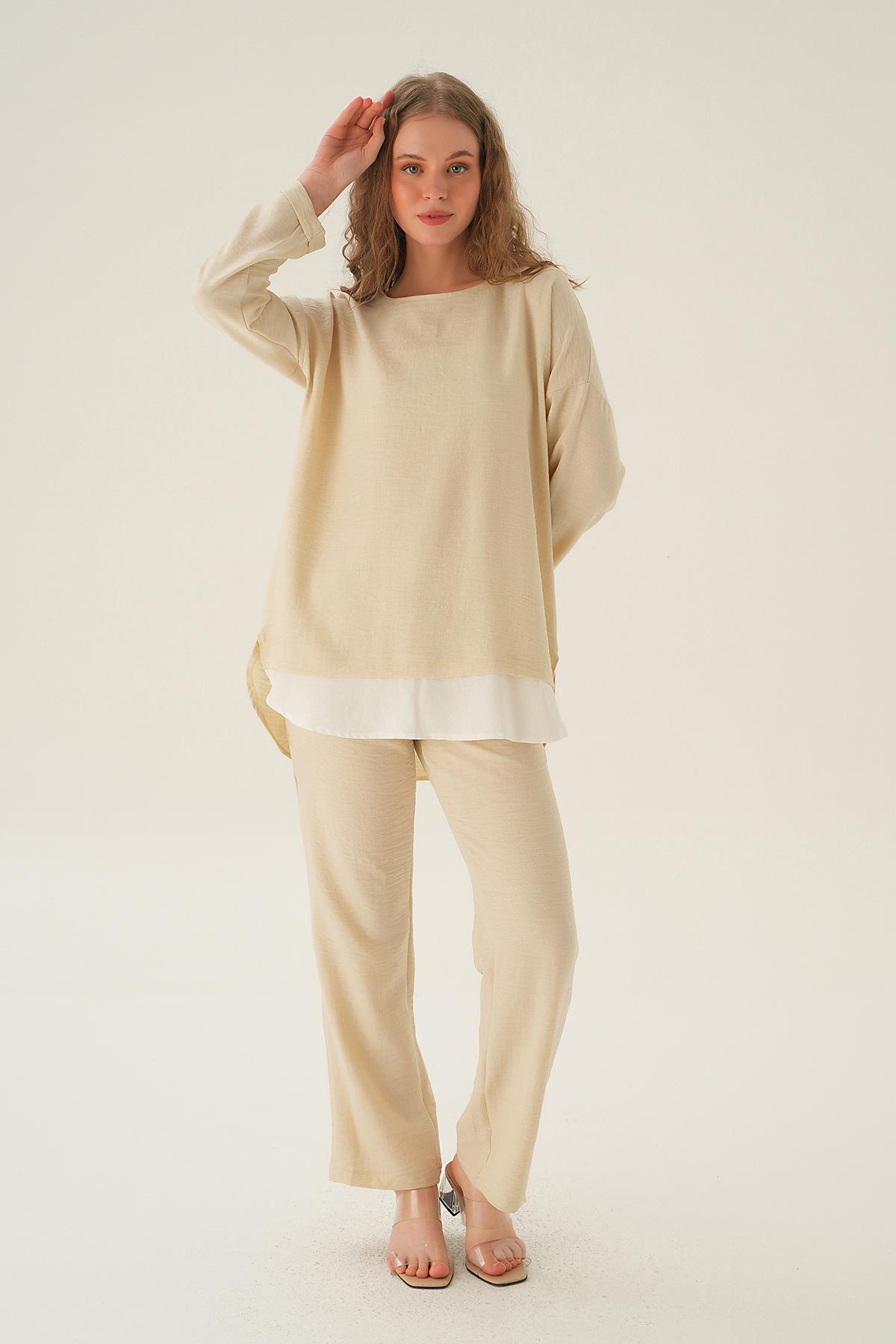 Bej Parçalı Tunik Pantolon Takım 4090A - 1