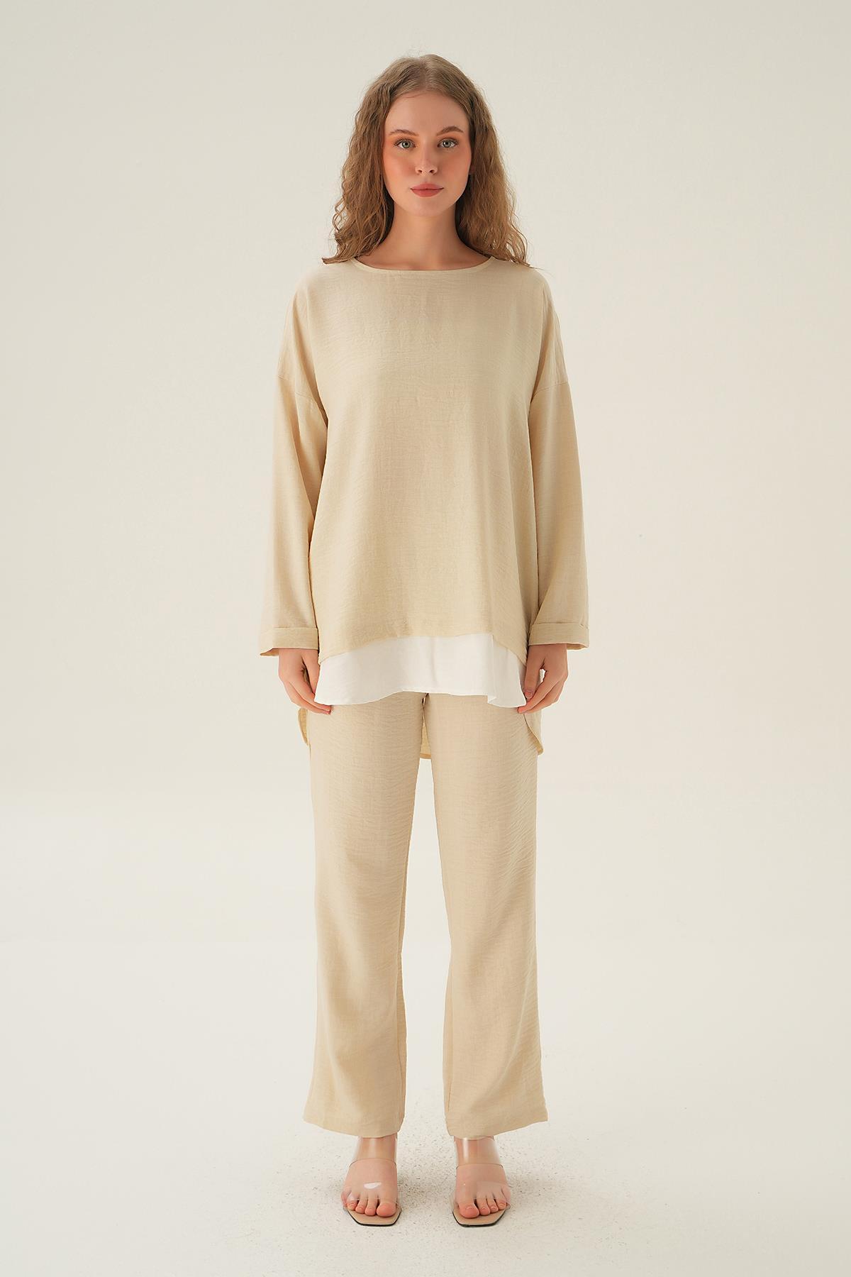 Bej Parçalı Tunik Pantolon Takım 4090A - 2