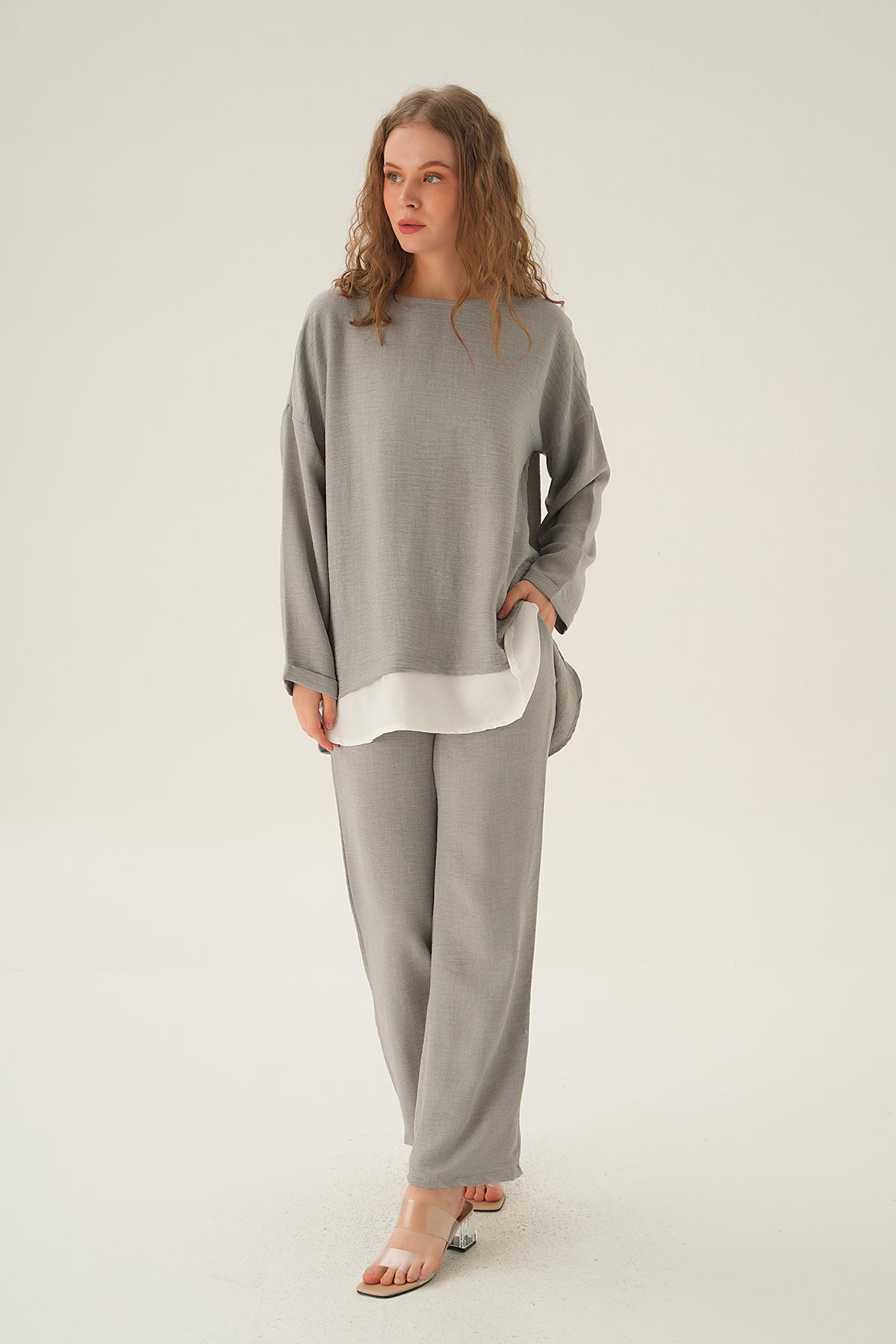 Gri Parçalı Tunik Pantolon Takım 4090A - 4