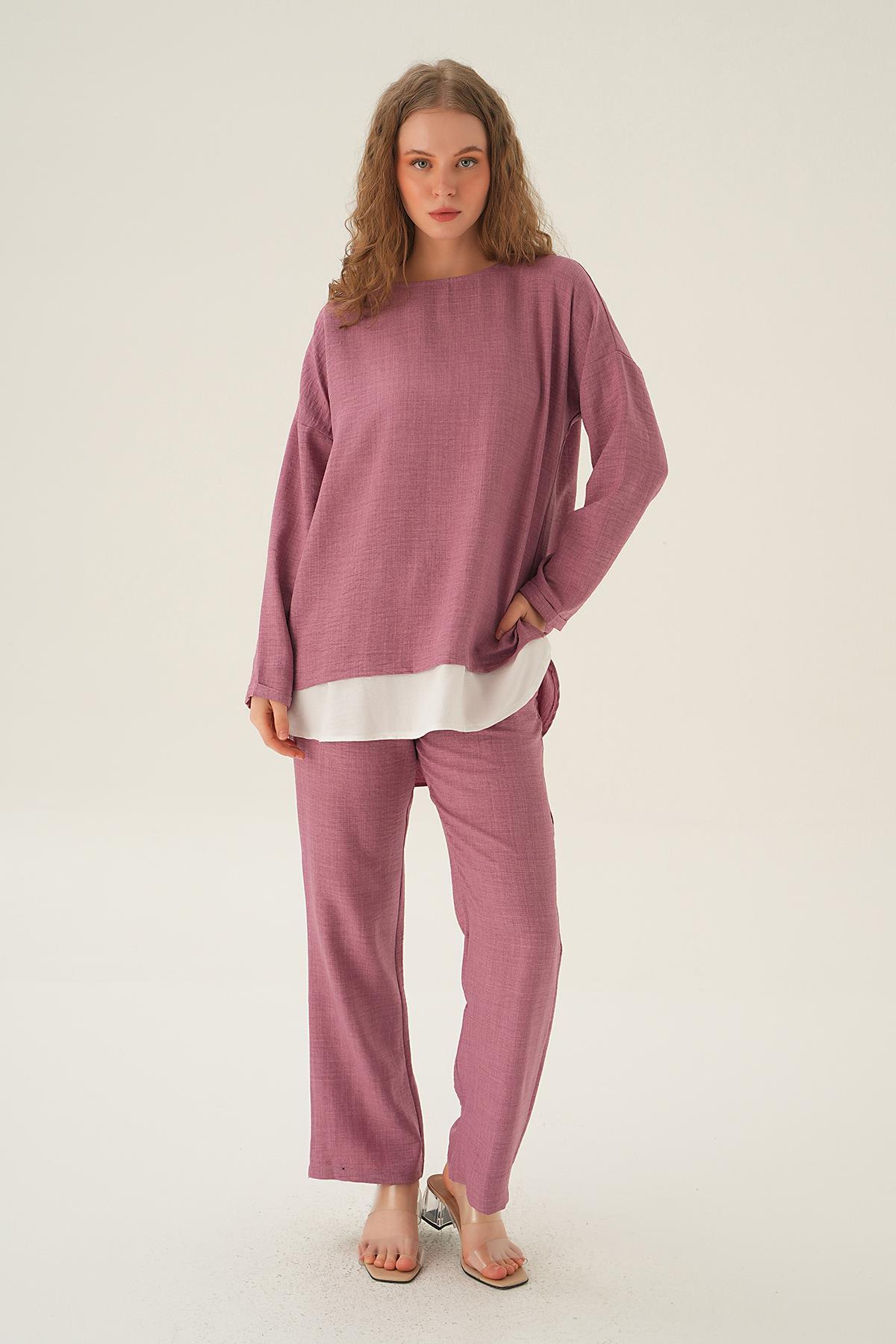 4090A Parçalı Tunik Pantolon Takım Gül 