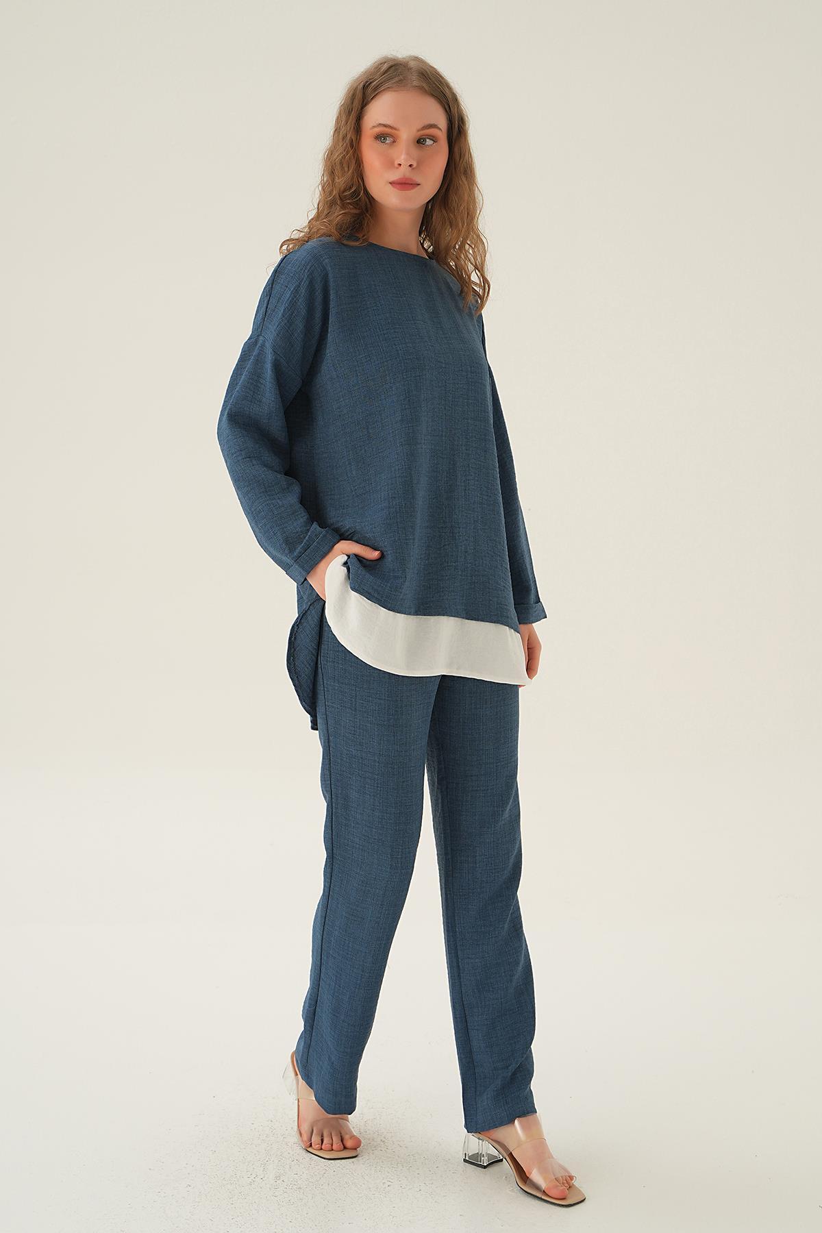 İndigo Parçalı Tunik Pantolon Takım 4090A - 3