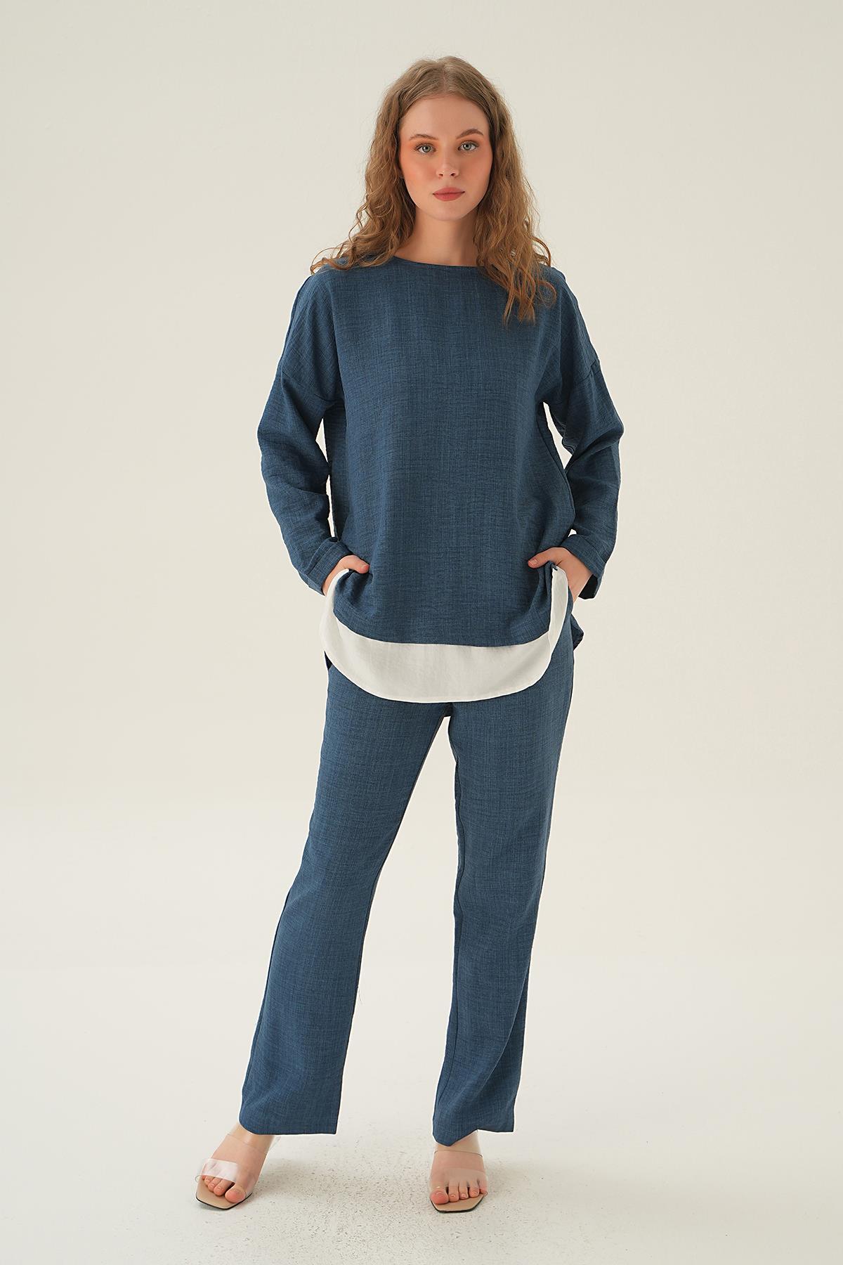 İndigo Parçalı Tunik Pantolon Takım 4090A - 4
