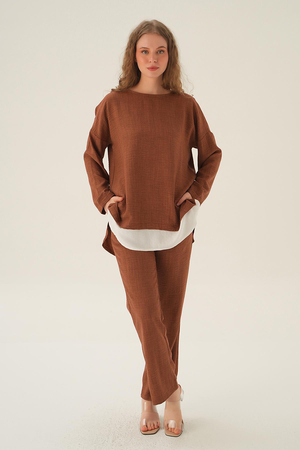 Kahve Parçalı Tunik Pantolon Takım 4090A - 1