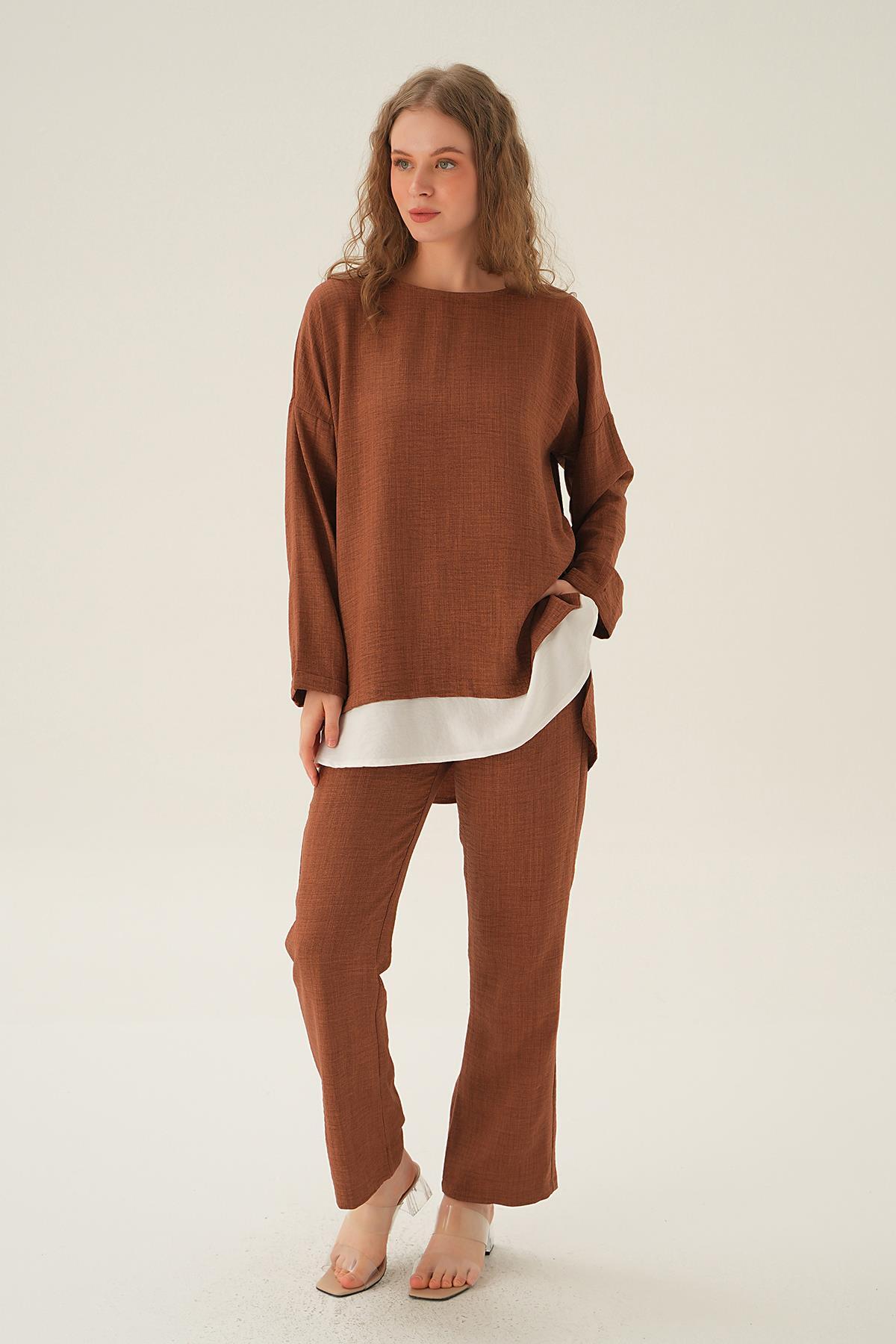 Kahve Parçalı Tunik Pantolon Takım 4090A - 4