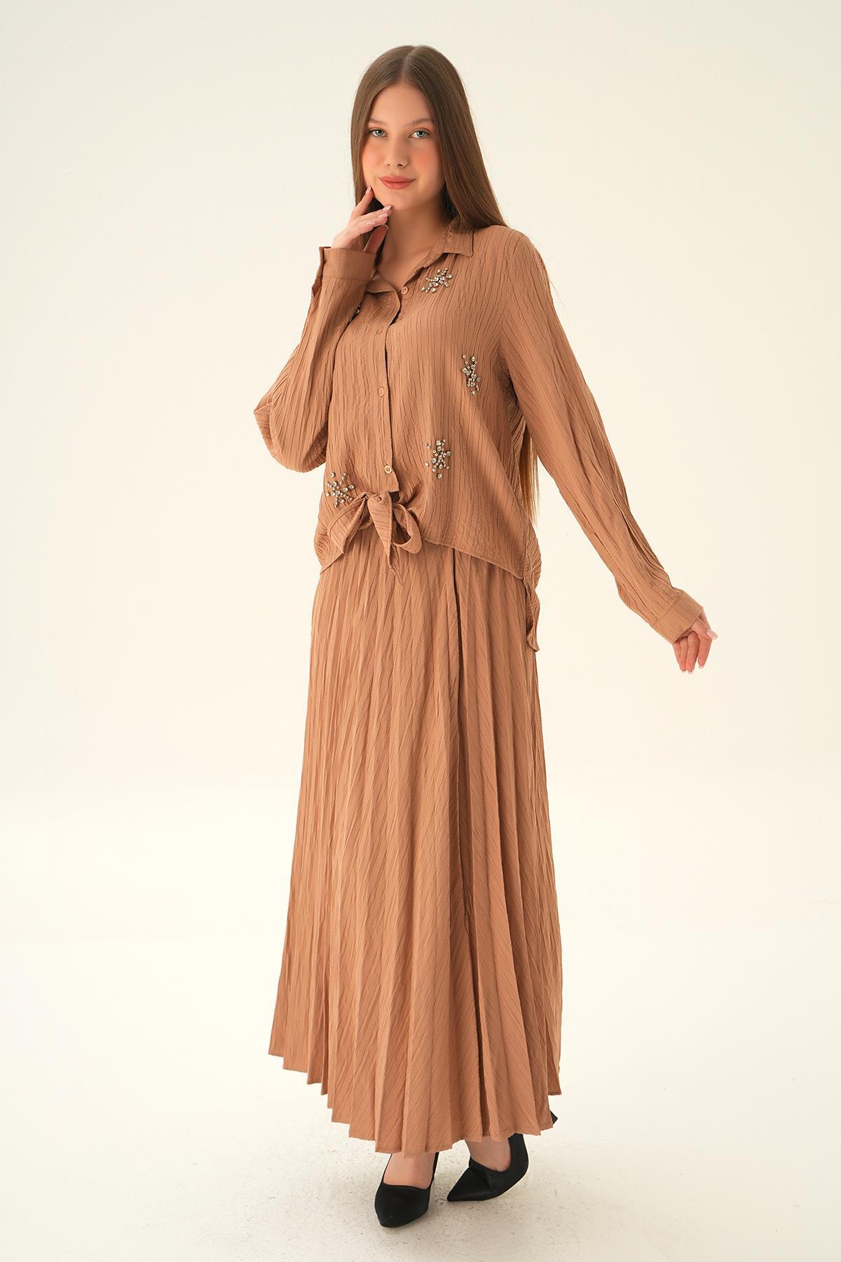 Bisküvi Bağlamalı Gömlek Etek Takım 4093 