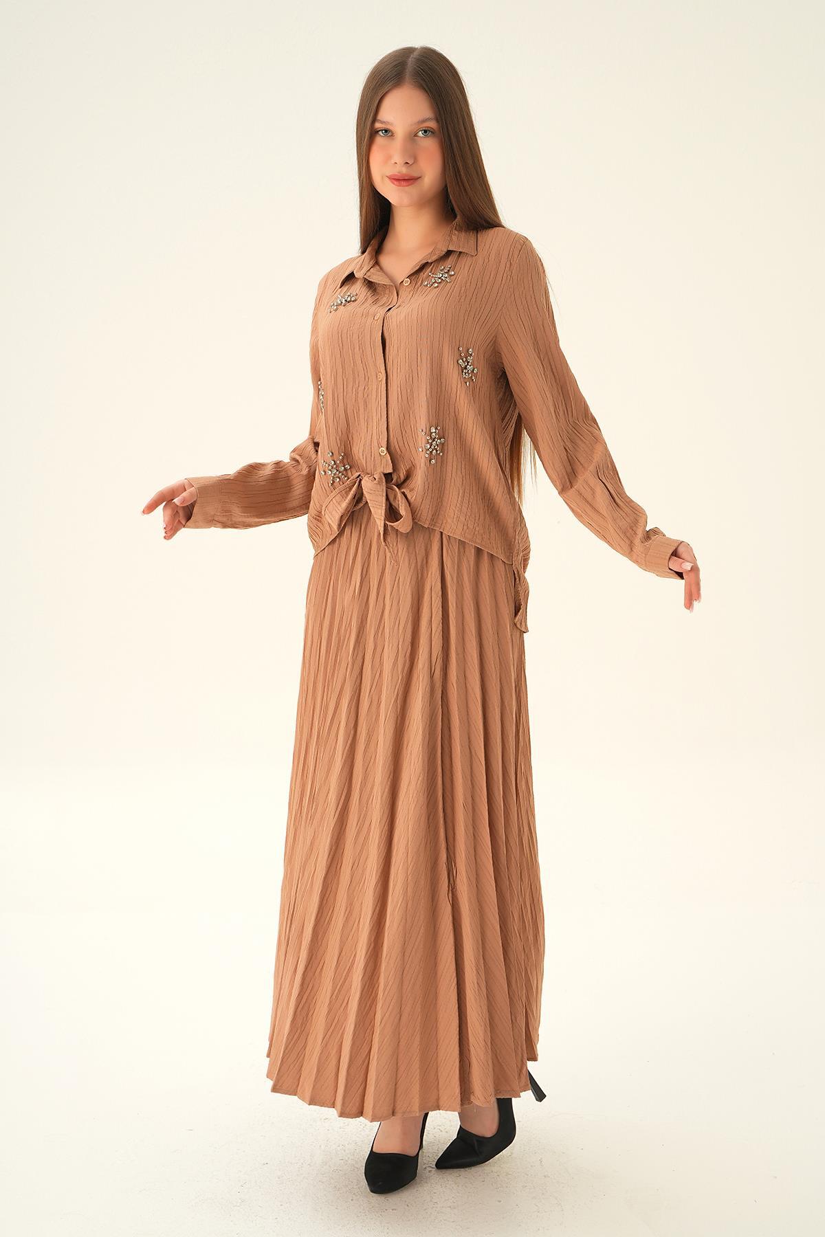 Bisküvi Bağlamalı Gömlek Etek Takım 4093 - 3