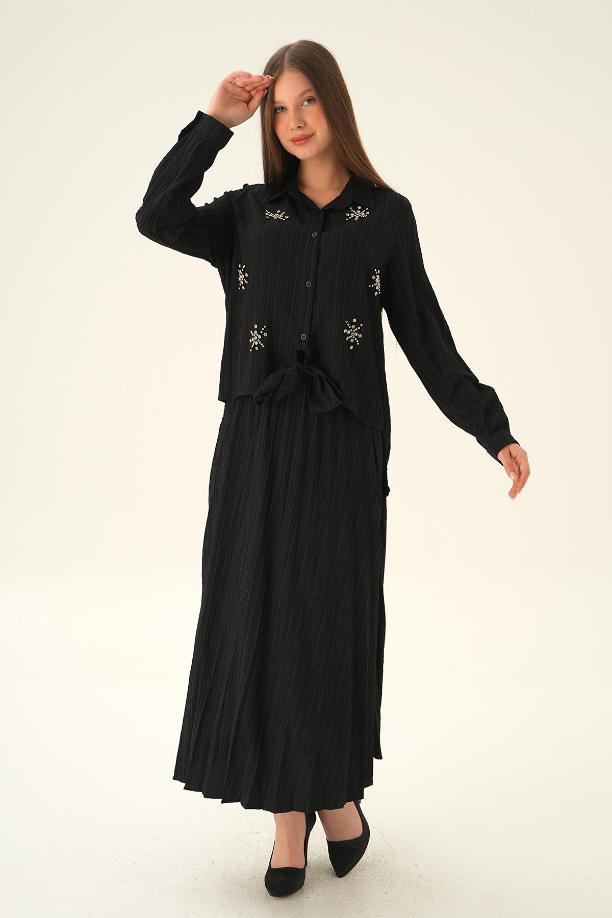 Siyah Bağlamalı Gömlek Etek Takım 4093 - 3