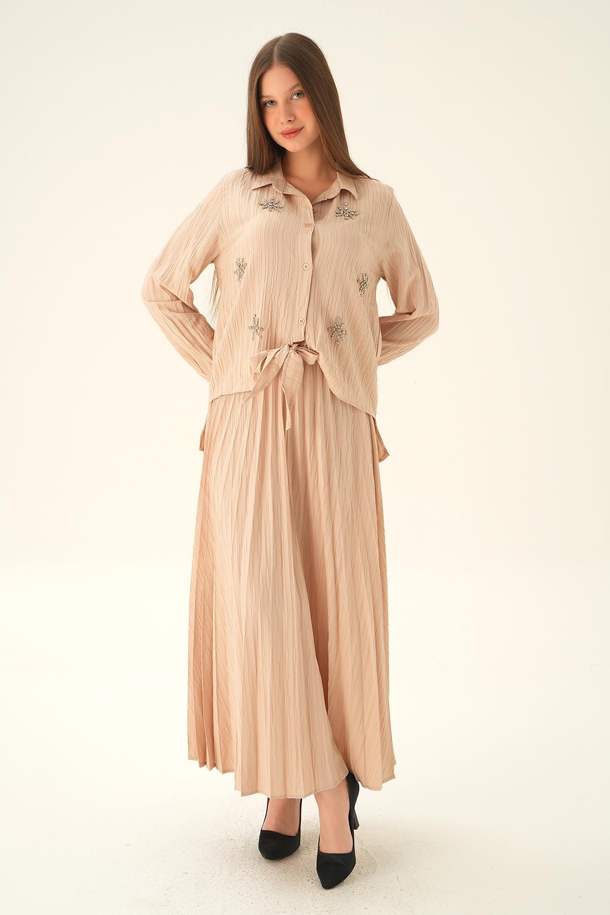 Taş Bağlamalı Gömlek Etek Takım 4093 - 3