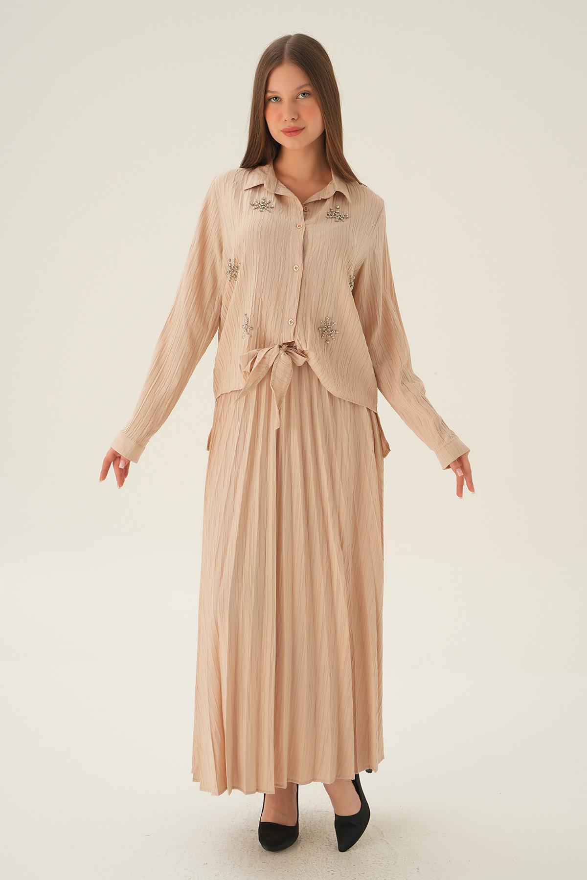 Taş Bağlamalı Gömlek Etek Takım 4093 - 6