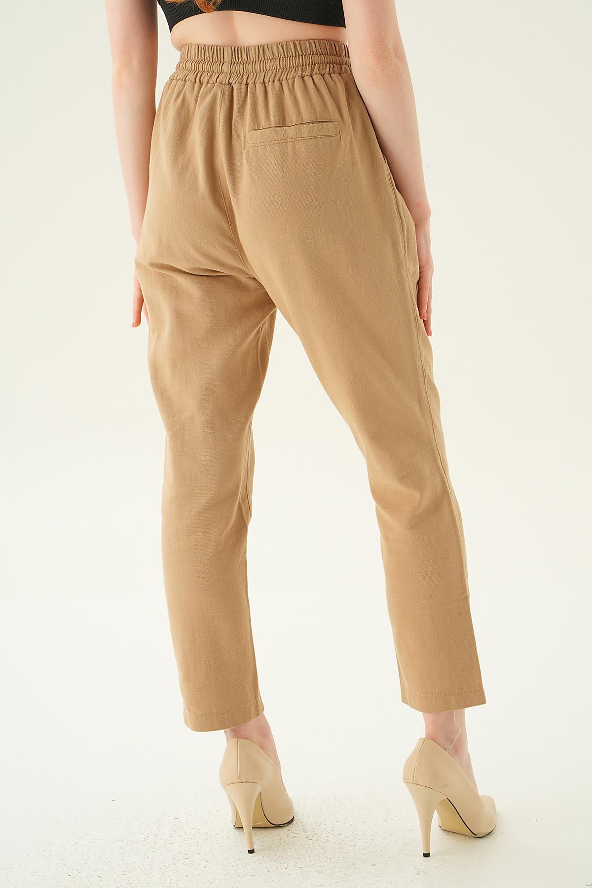4095A Düğme Detay Bağcıklı Pantolon Bej - 5