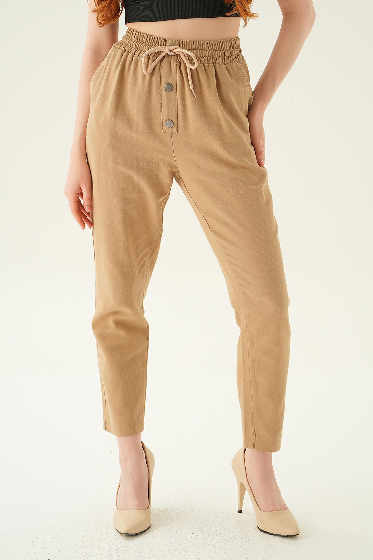 Bej Düğme Detay Bağcıklı Pantolon 4095A - 3
