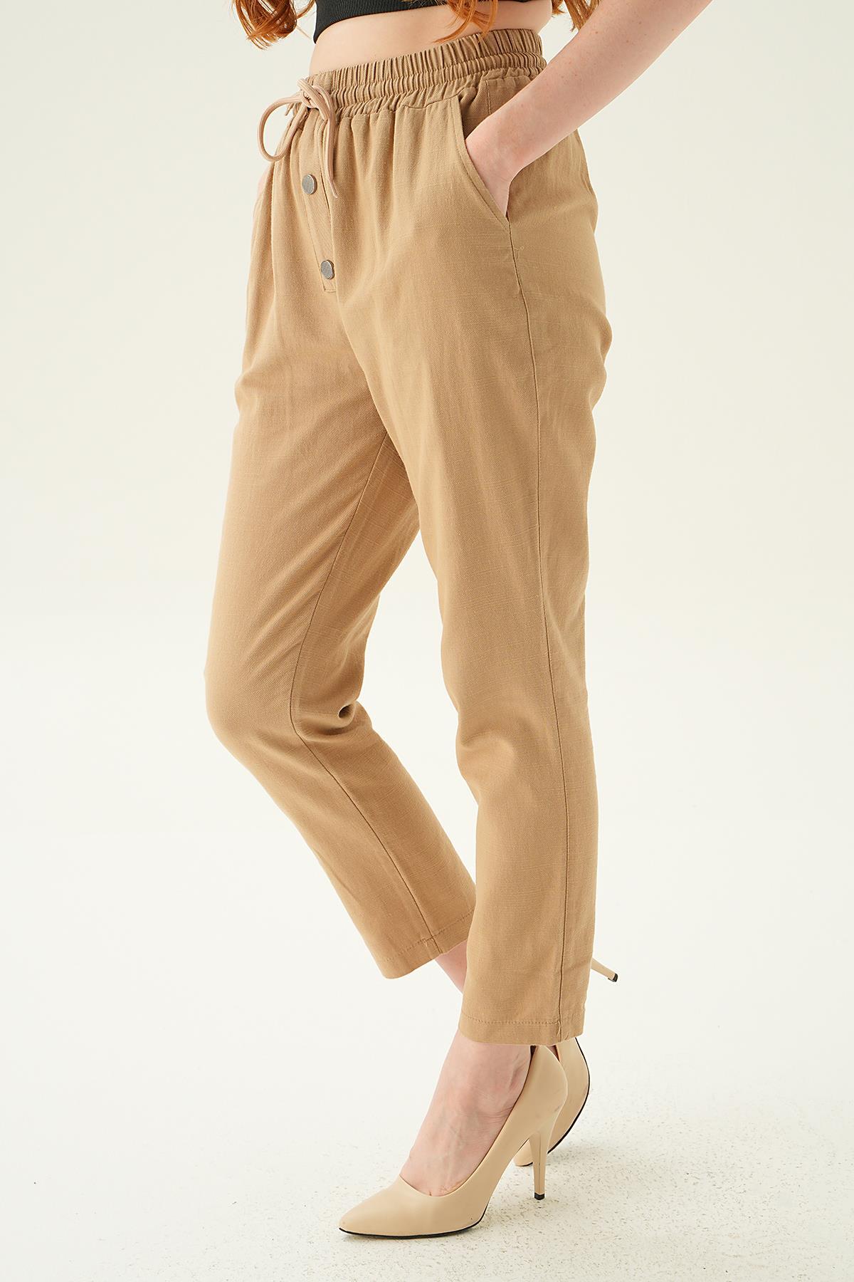 Bej Düğme Detay Bağcıklı Pantolon 4095A - 4