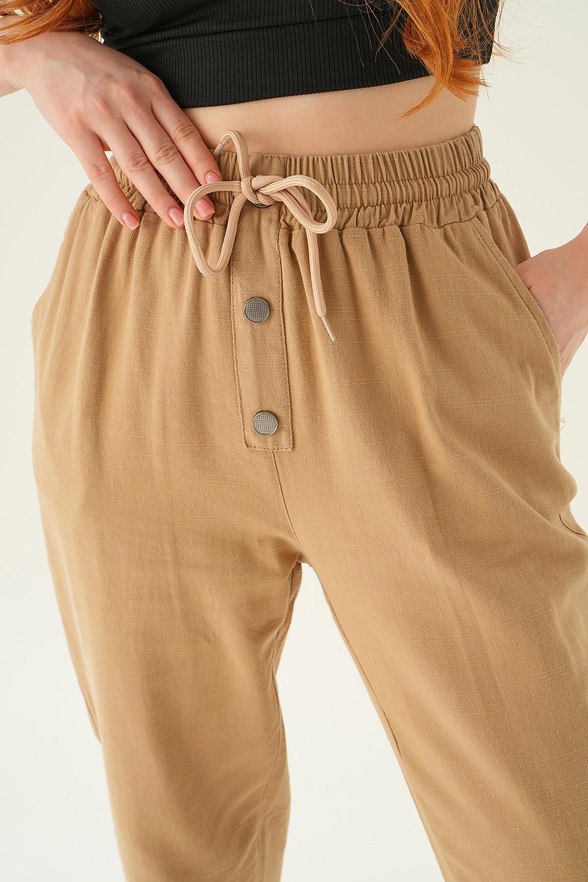 Bej Düğme Detay Bağcıklı Pantolon 4095A - 6