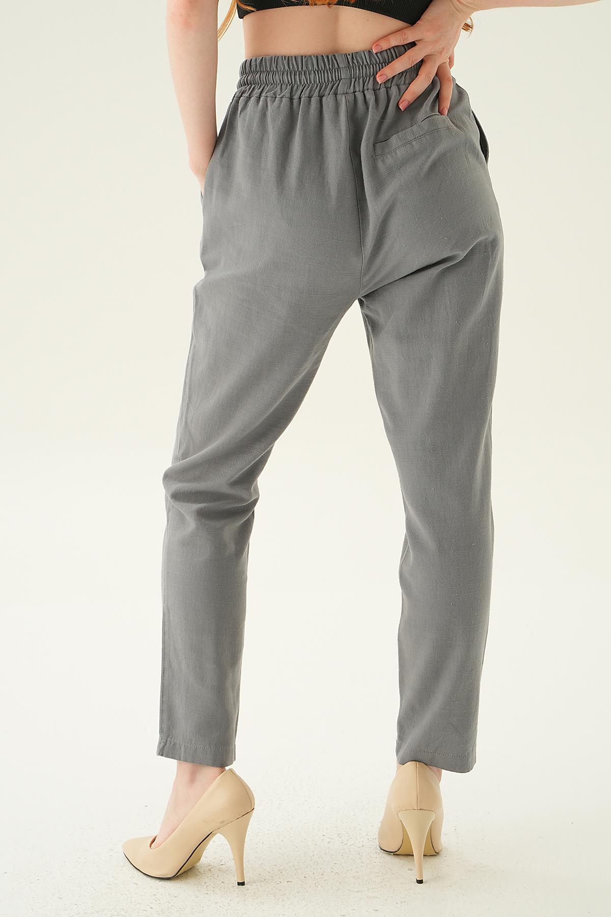 4095A Düğme Detay Bağcıklı Pantolon Gri - 5