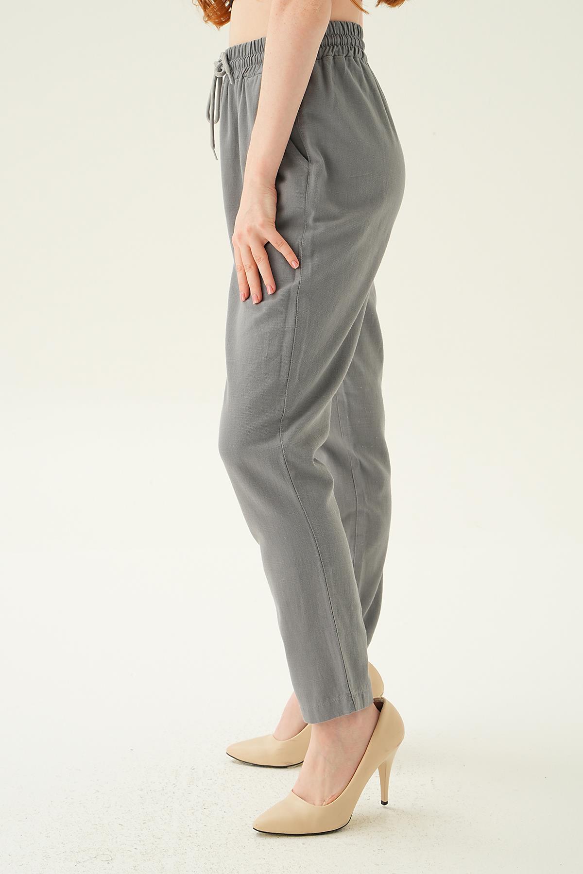 4095A Düğme Detay Bağcıklı Pantolon Gri - 4
