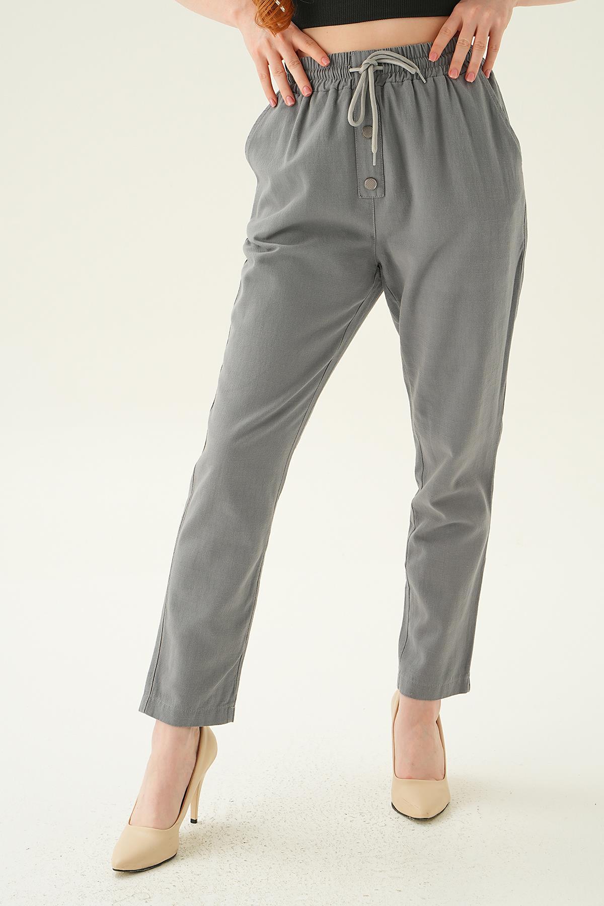 Gri Düğme Detay Bağcıklı Pantolon 4095A - 2