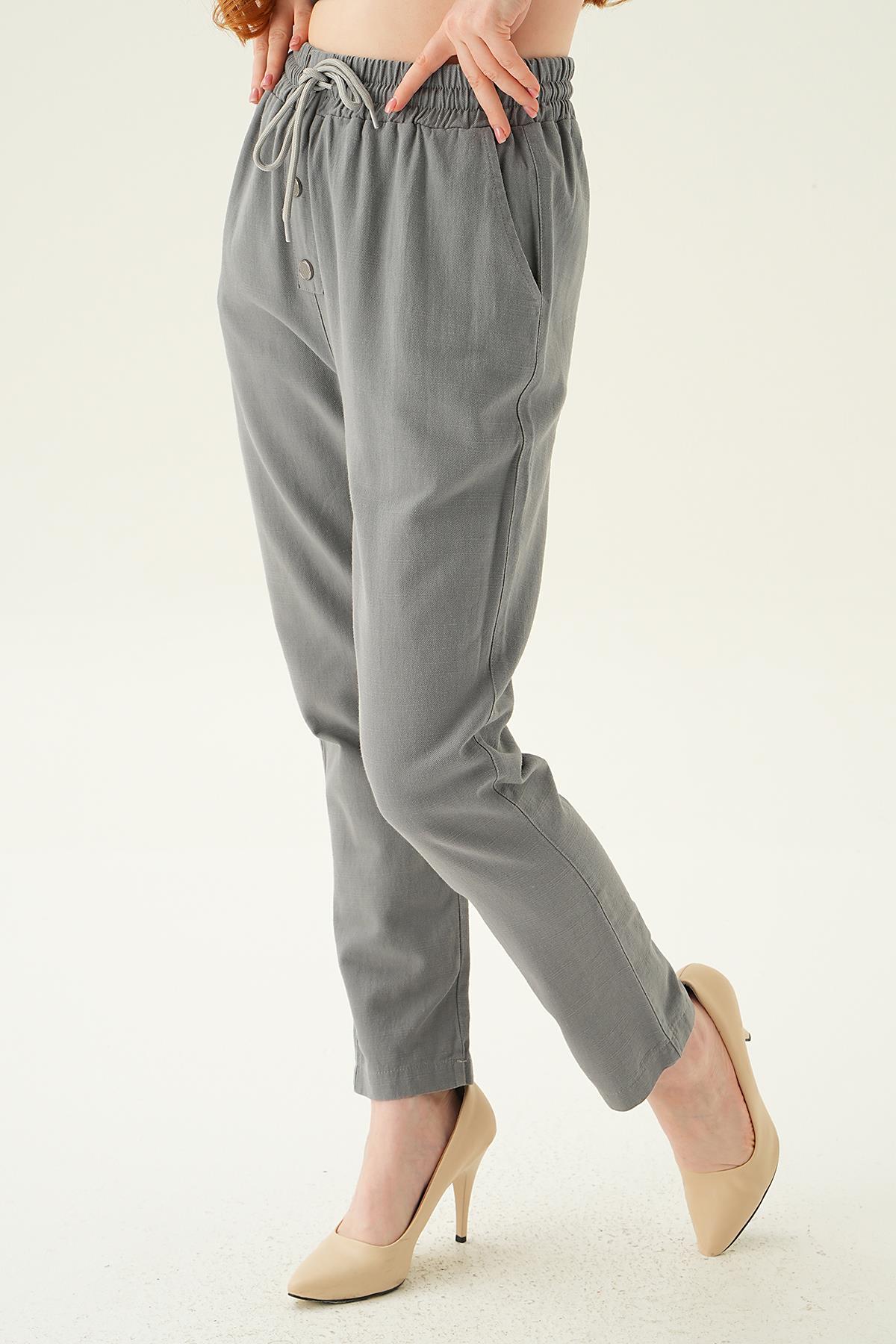 Gri Düğme Detay Bağcıklı Pantolon 4095A - 3