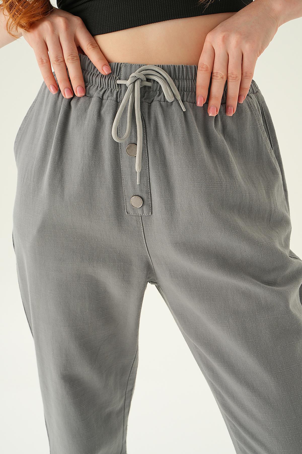 Gri Düğme Detay Bağcıklı Pantolon 4095A - 6