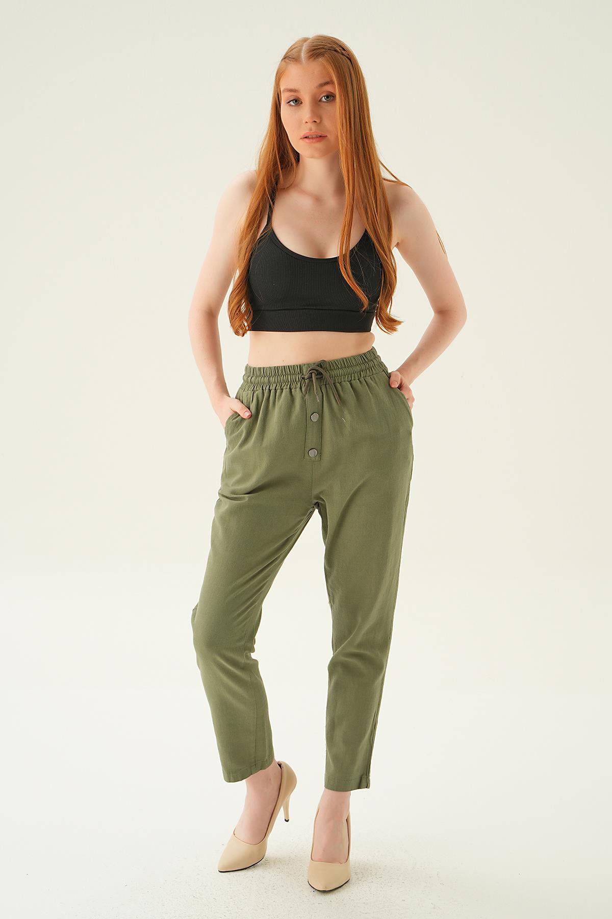 4095A Düğme Detay Bağcıklı Pantolon Haki - 1