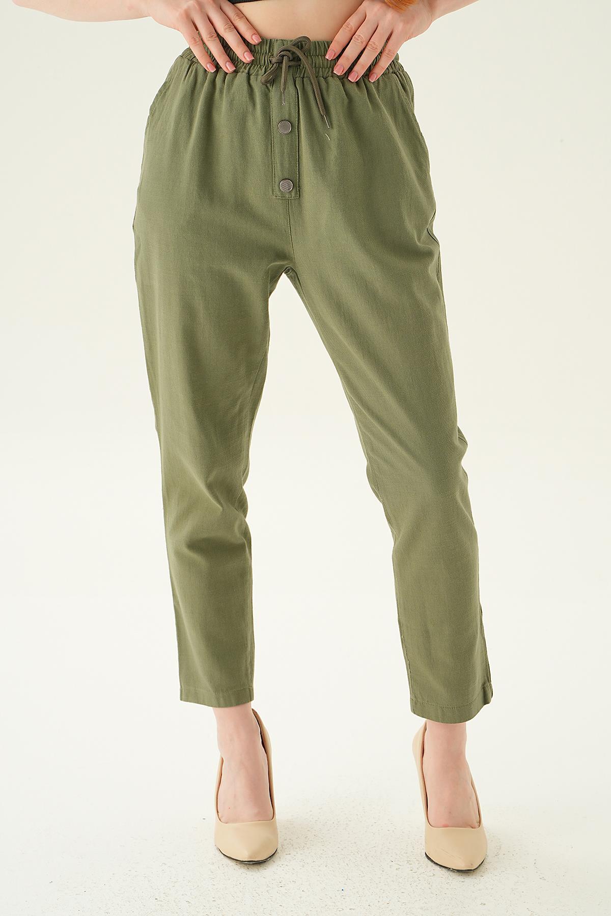 4095A Düğme Detay Bağcıklı Pantolon Haki - 3