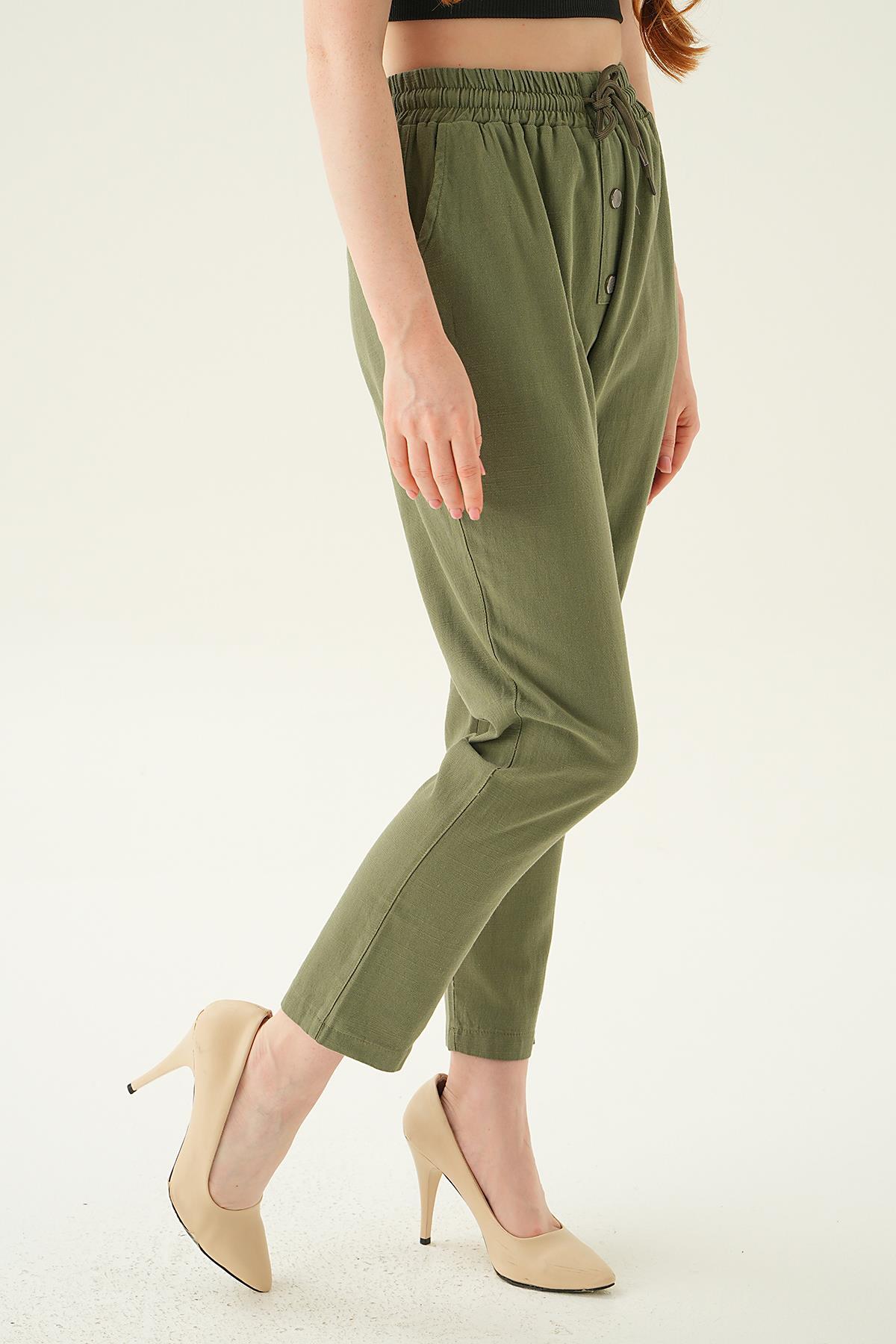 Haki Düğme Detay Bağcıklı Pantolon 4095A - 4