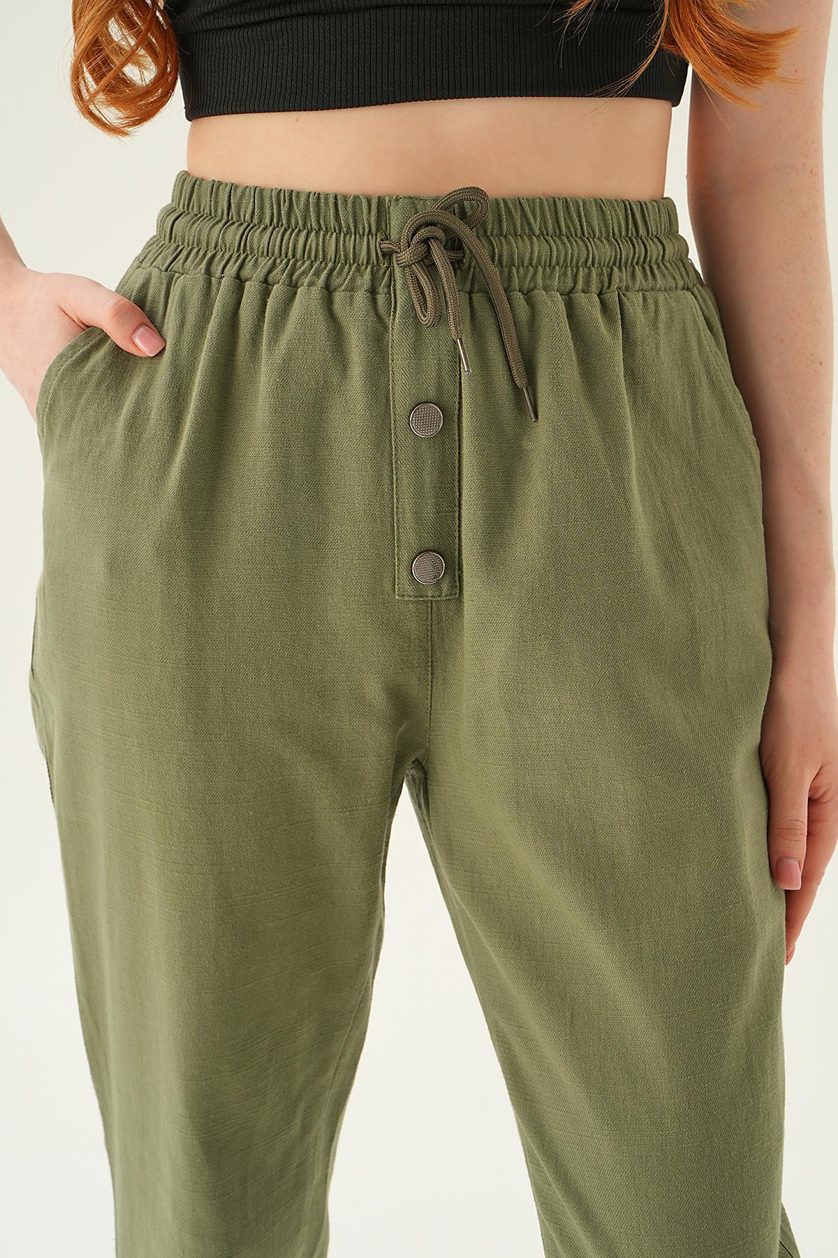 Haki Düğme Detay Bağcıklı Pantolon 4095A - 6