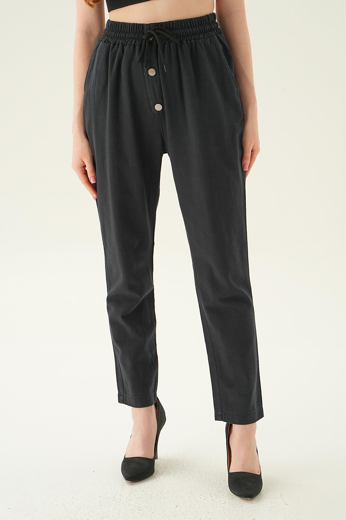 4095A Düğme Detay Bağcıklı Pantolon Siyah - 3