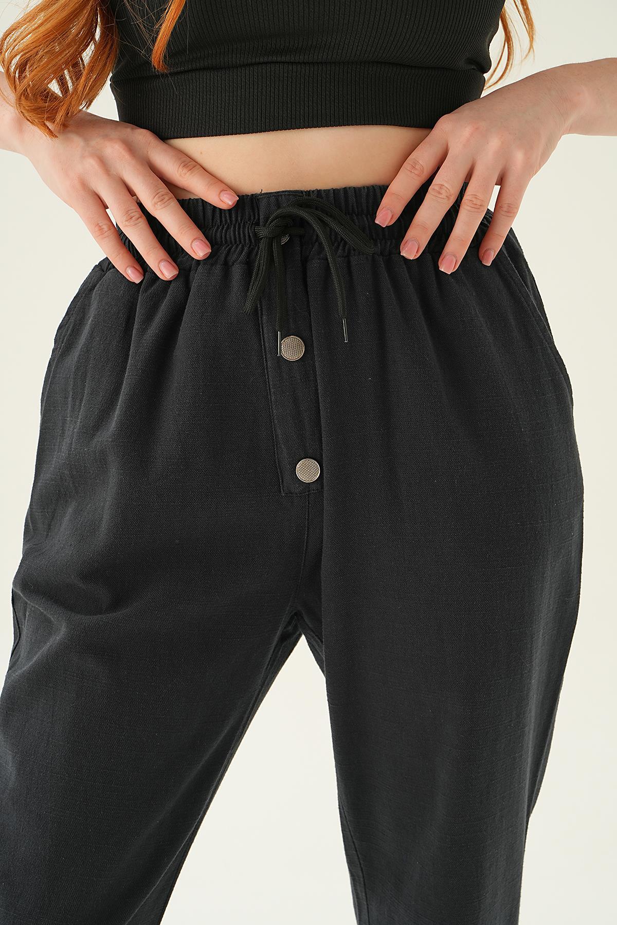 4095A Düğme Detay Bağcıklı Pantolon Siyah - 6