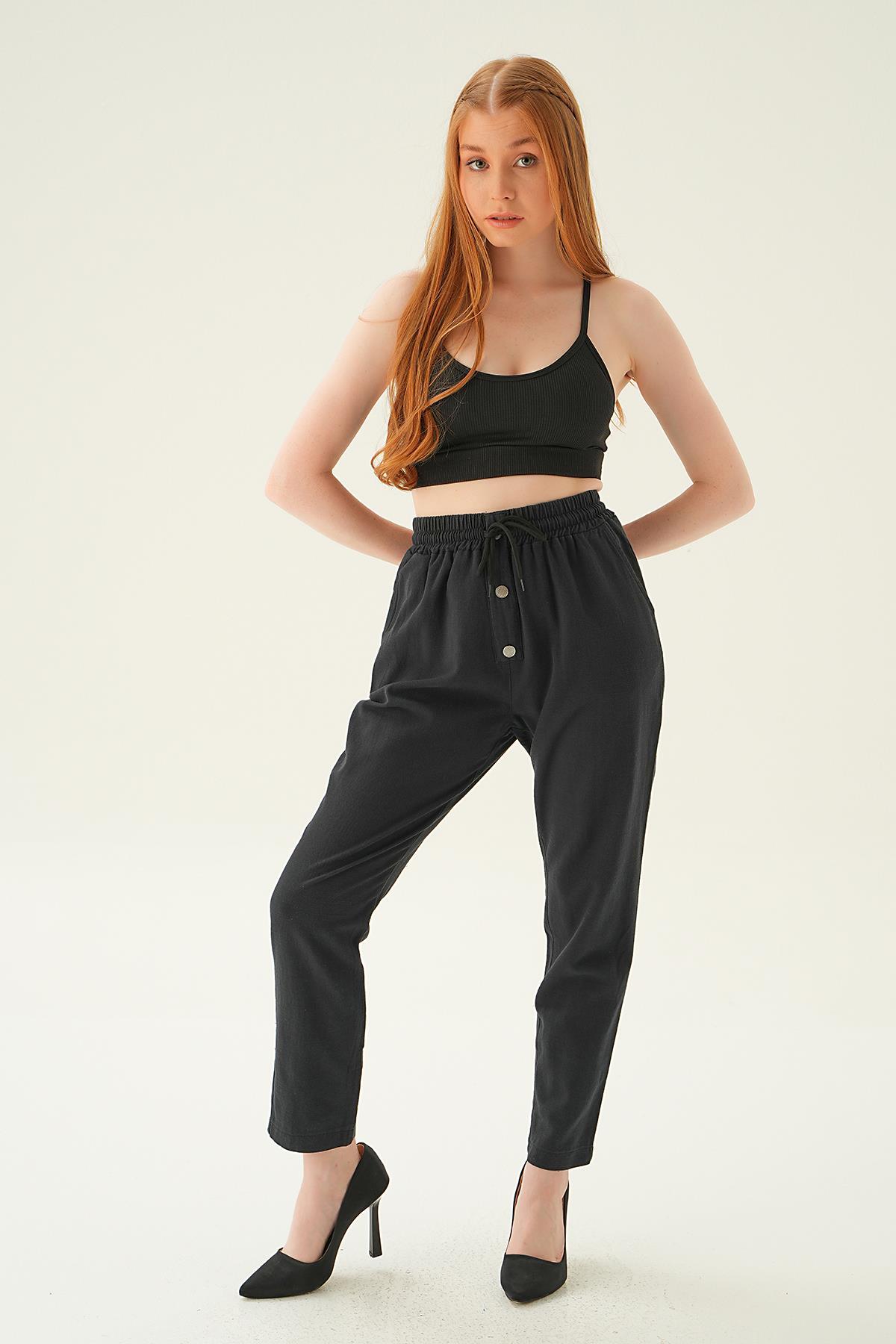 4095A Düğme Detay Bağcıklı Pantolon Siyah - 1