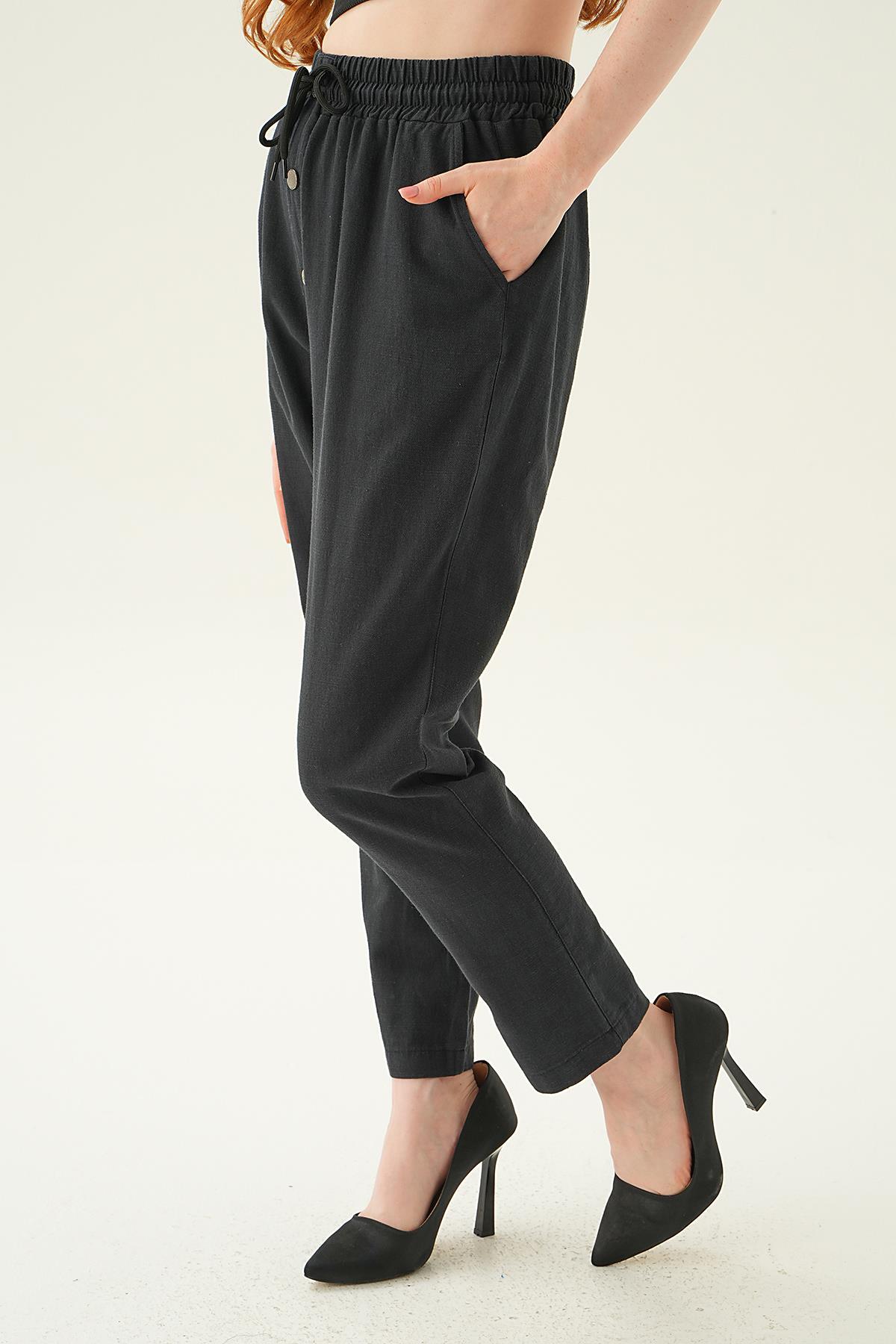 Siyah Düğme Detay Bağcıklı Pantolon 4095A - 2