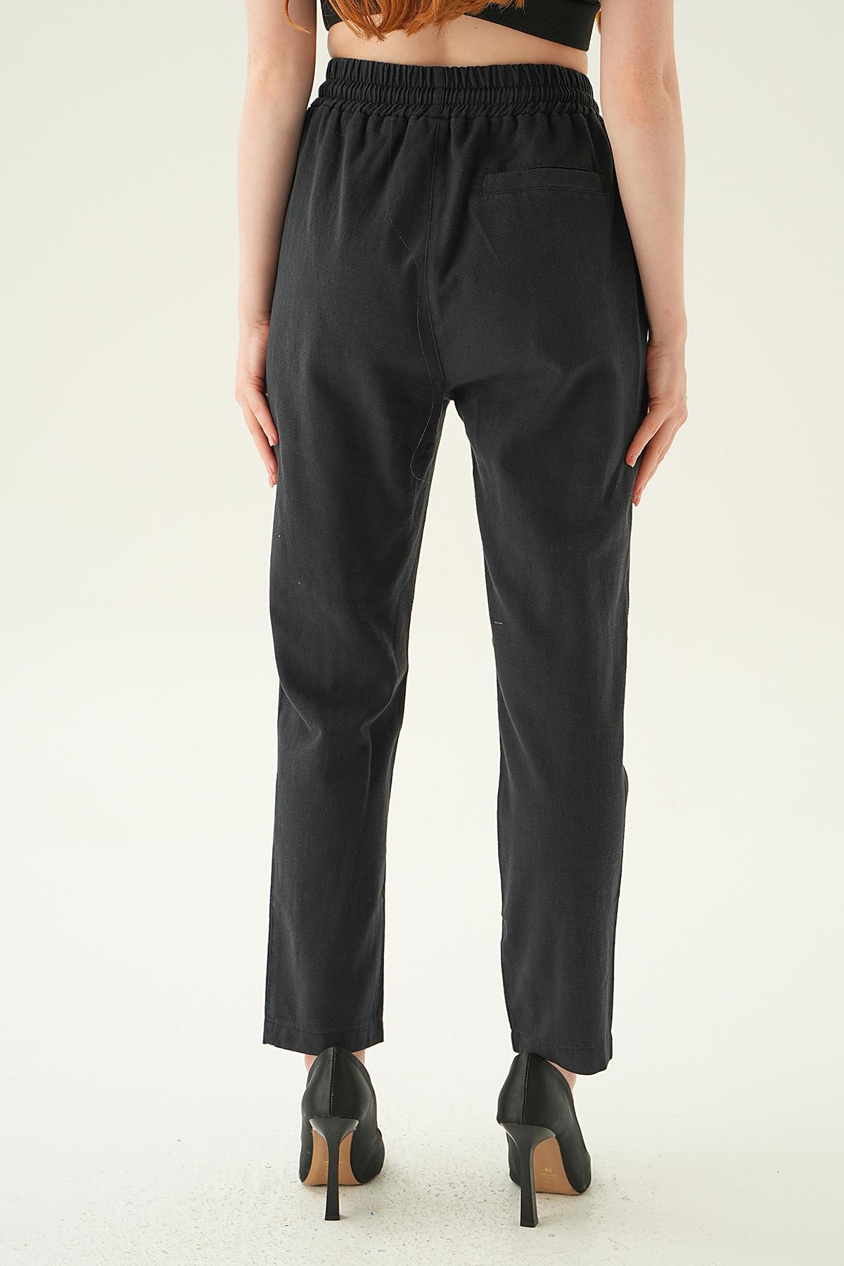 Siyah Düğme Detay Bağcıklı Pantolon 4095A - 5