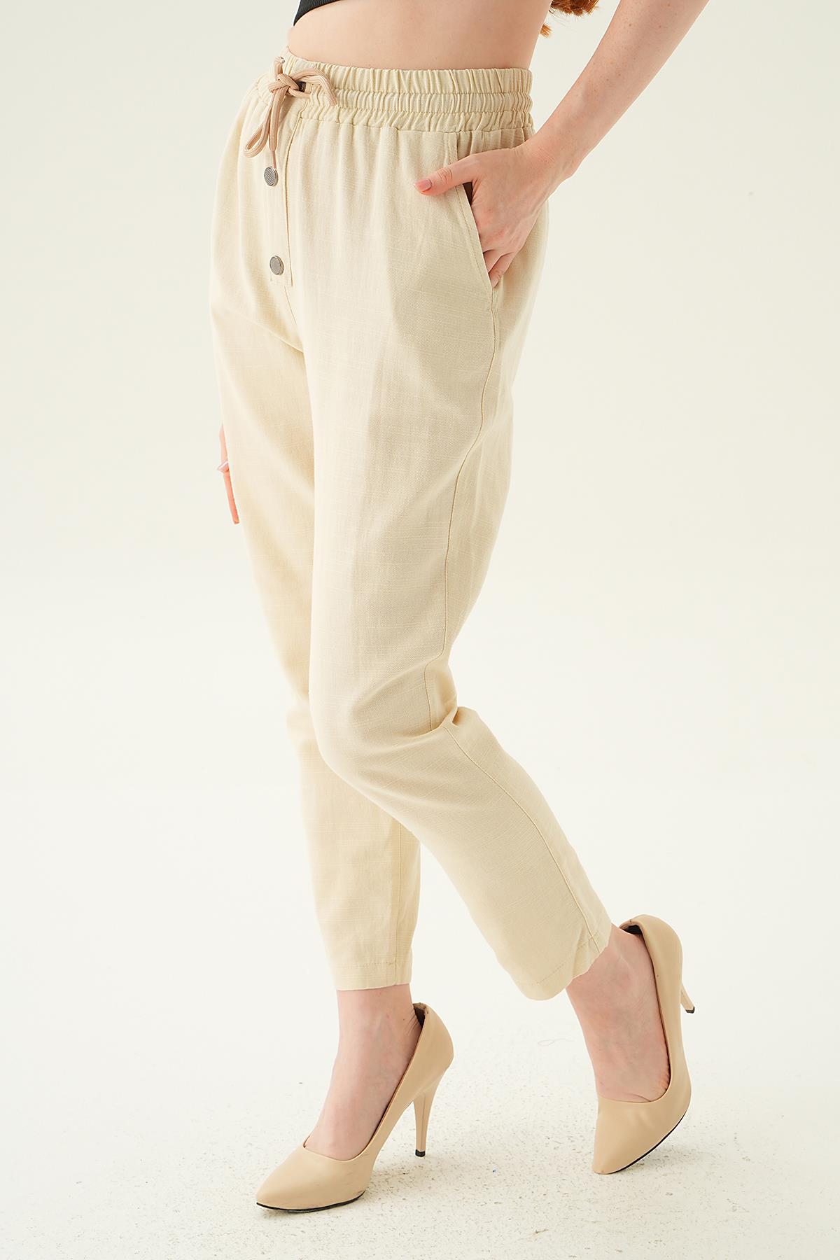 4095A Düğme Detay Bağcıklı Pantolon Taş - 3