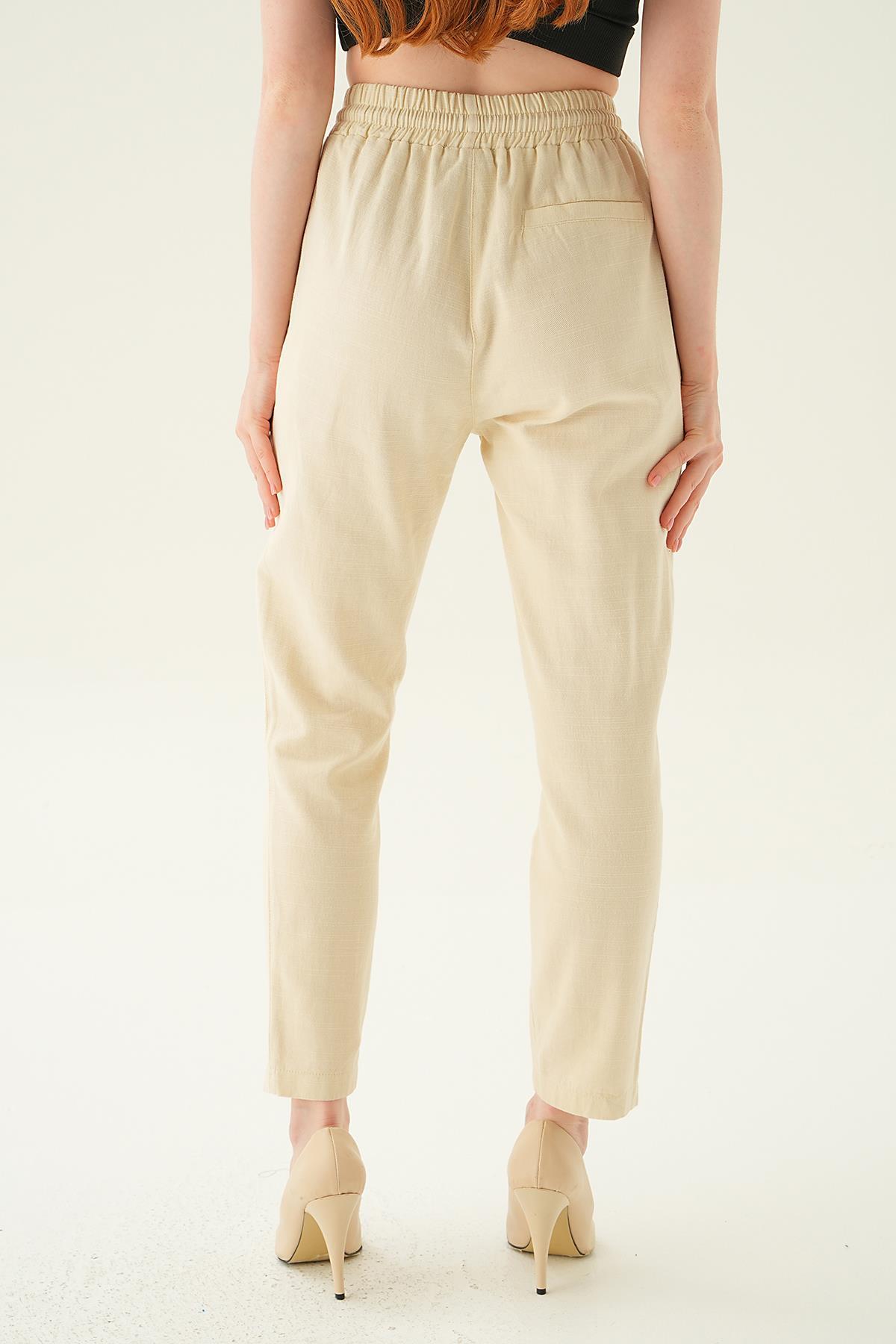 4095A Düğme Detay Bağcıklı Pantolon Taş - 5